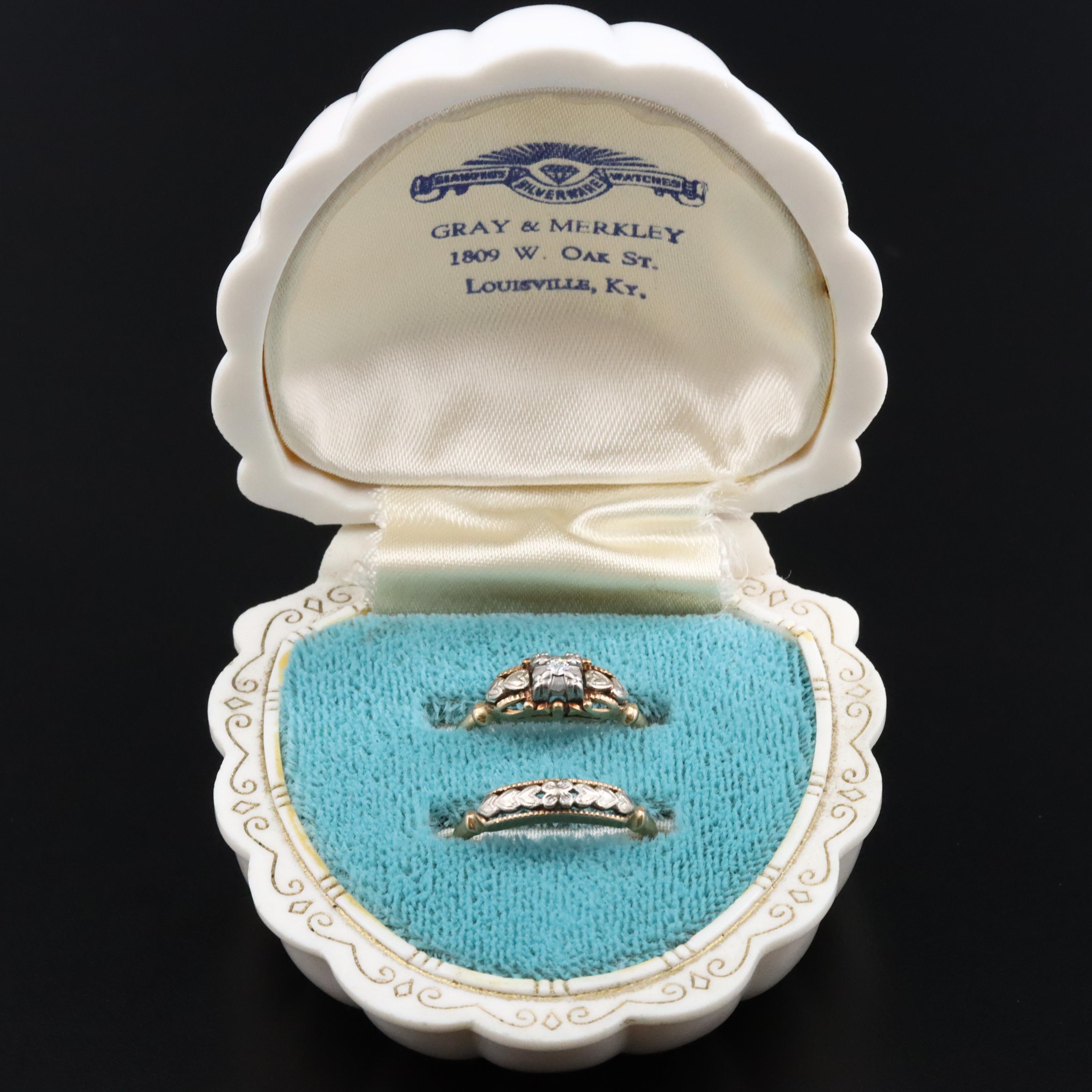 Vintage 14K 0.03 CT Diamond Ring Set with Gray & Merkley Box