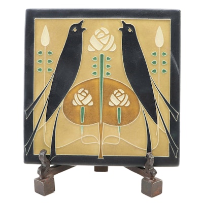 Motawi Tileworks "Songbirds - Golden" Ceramic Tile with Metal Stand Motawi Tileworks "Songbirds - Golden" Ceramic Tile with Metal Stand