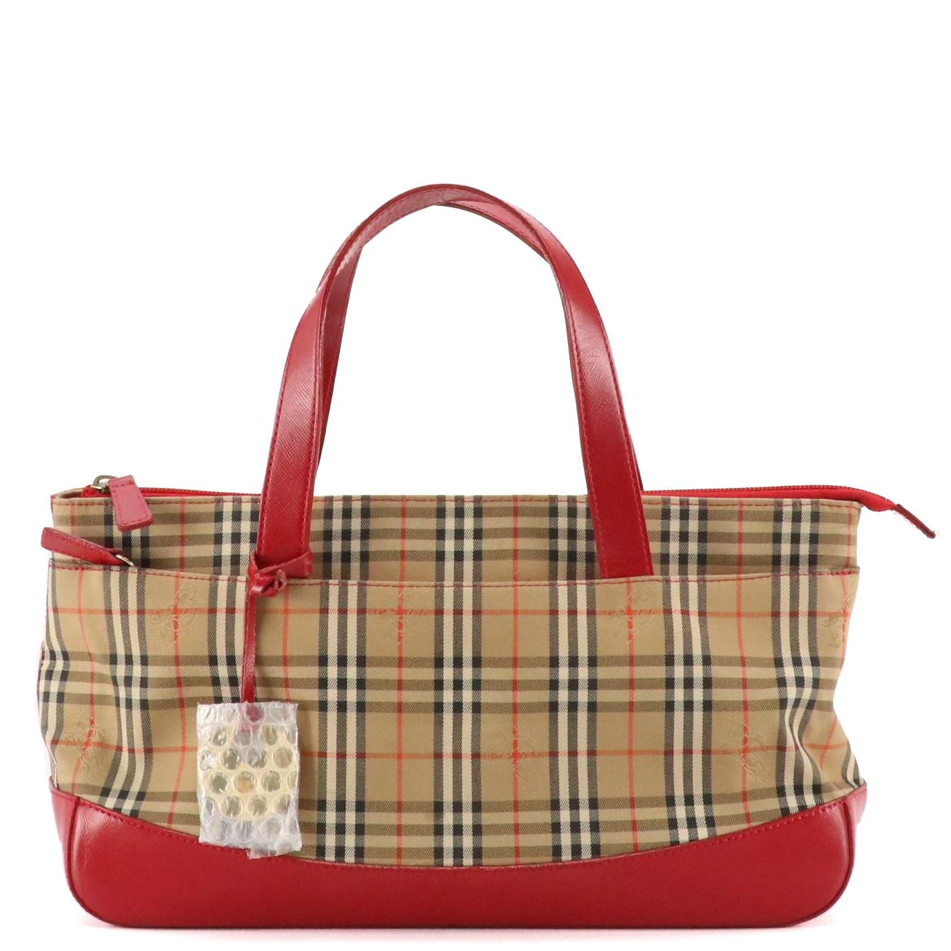 Burberrys Handbag in Haymarket Check Canvas and Red Saffiano Leather Trim
