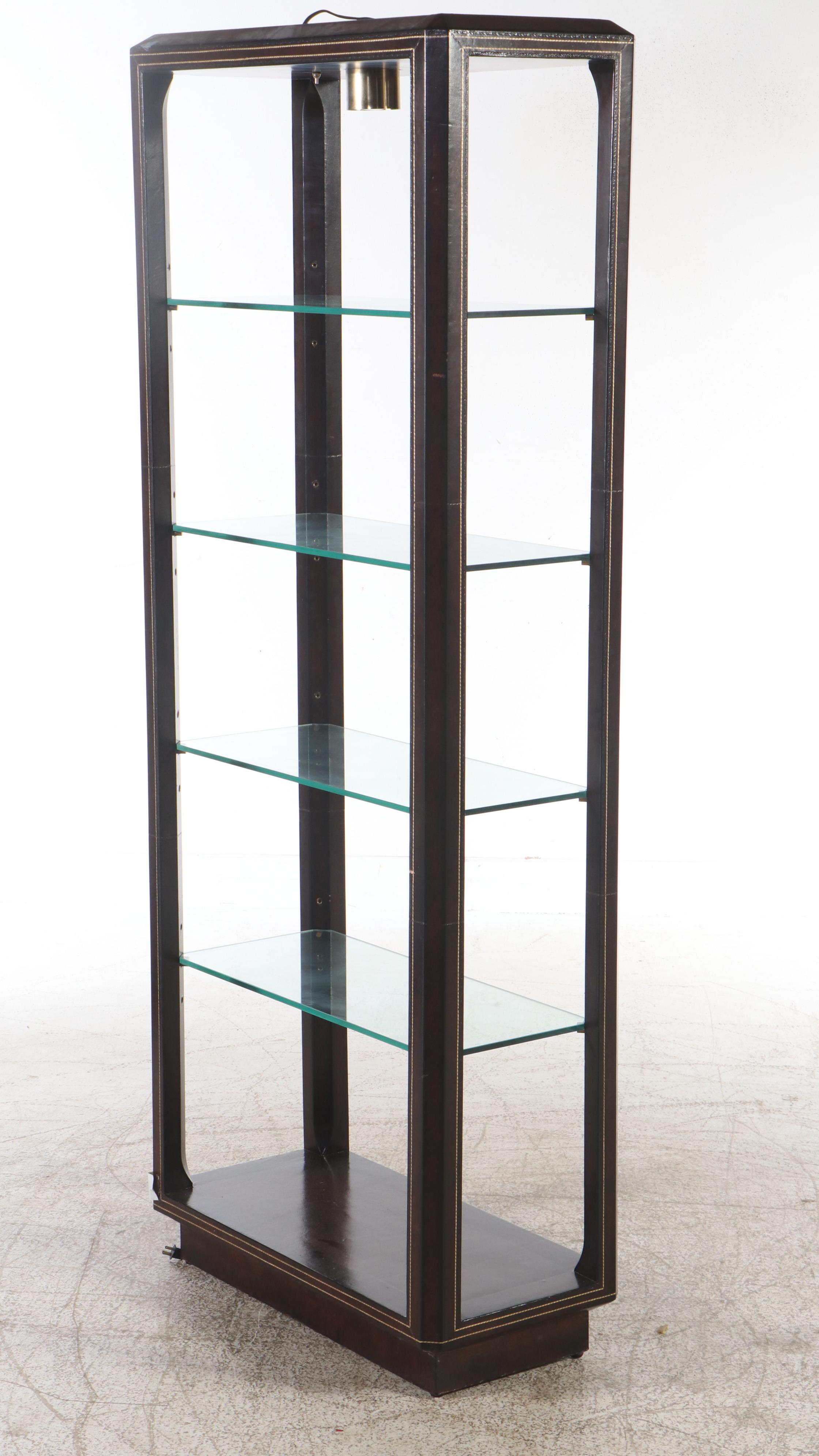 Directoire Style Embossed Faux Leather and Glass Illuminated Cabinet