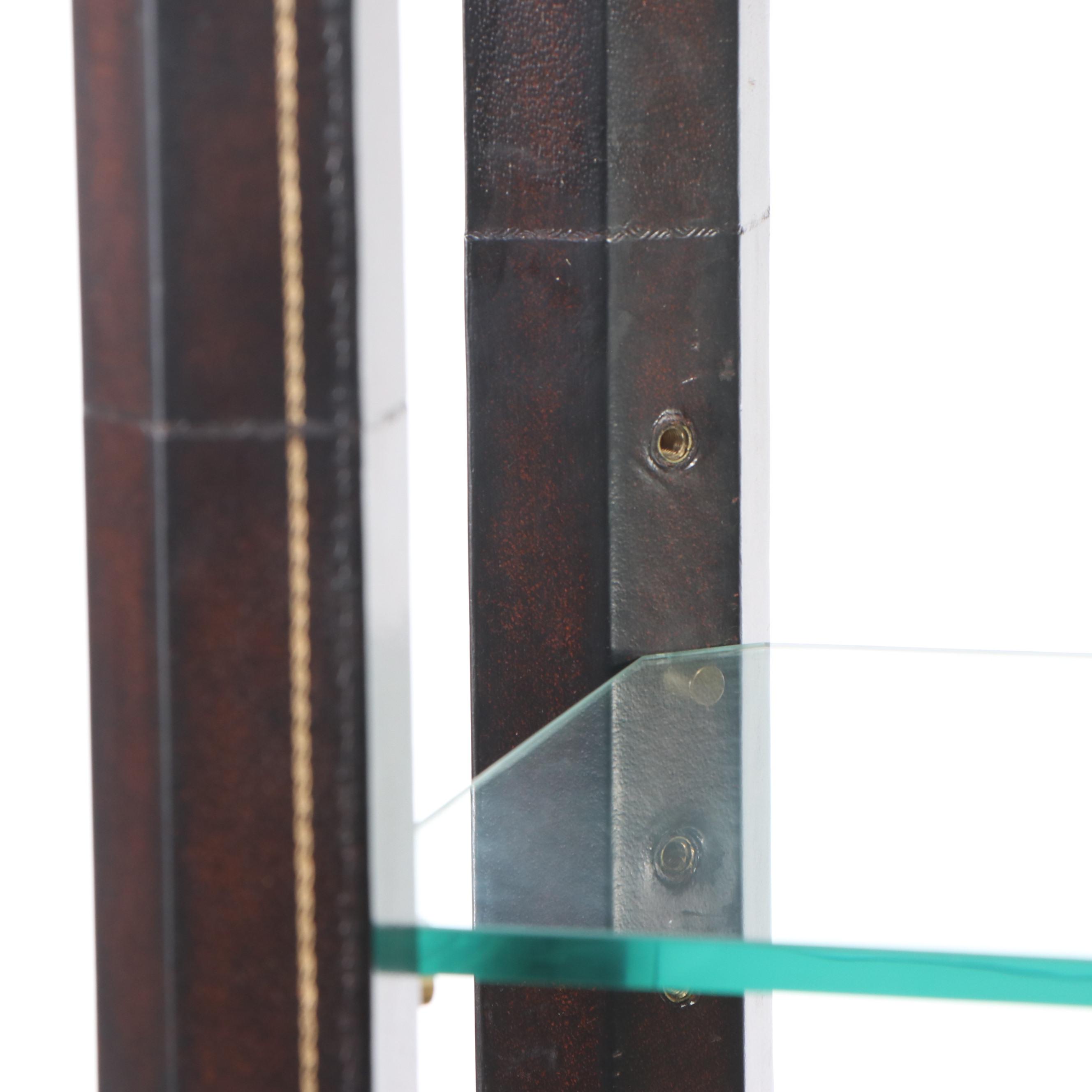 Directoire Style Embossed Faux Leather and Glass Illuminated Cabinet