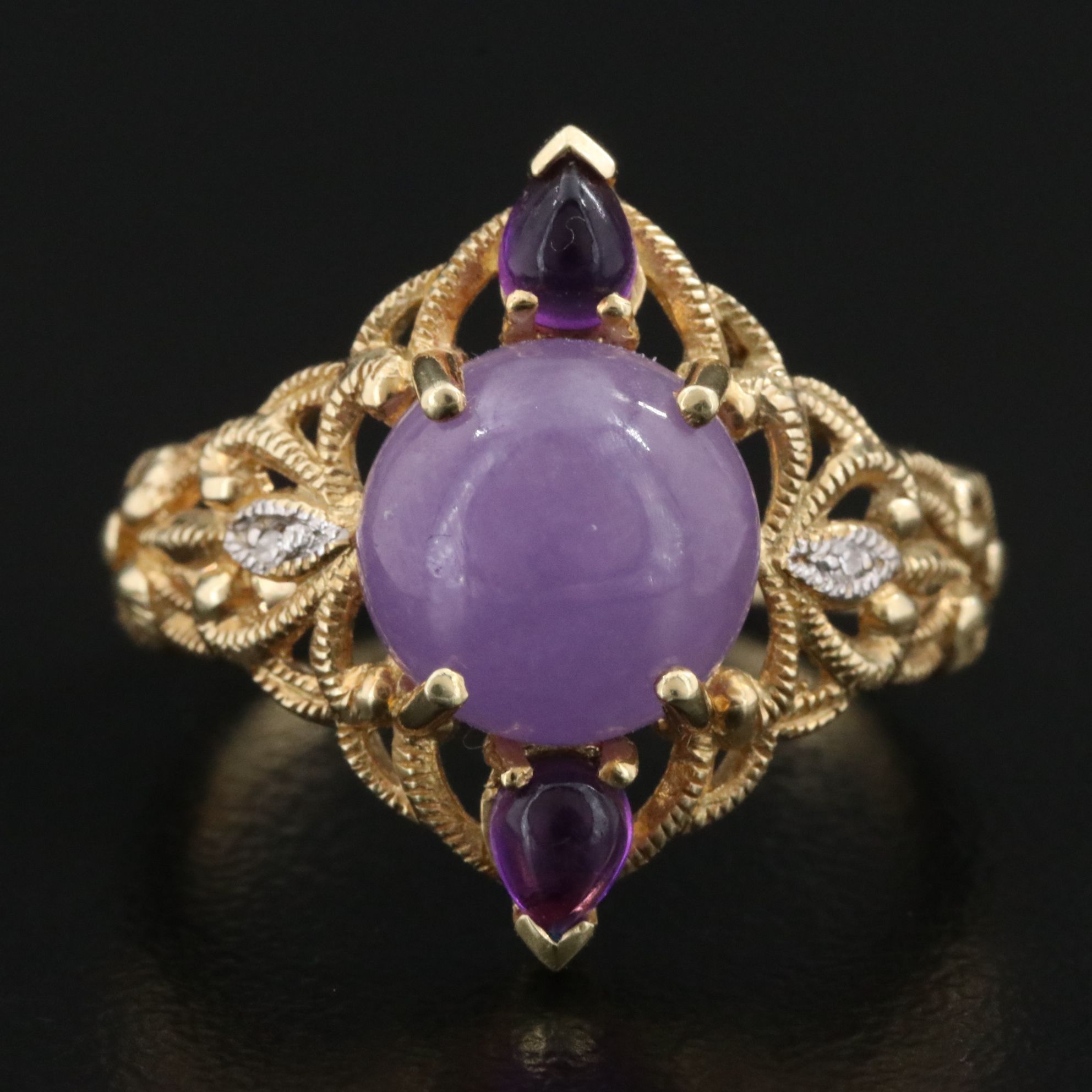 14K Jadeite, Amethyst and Diamond Ring