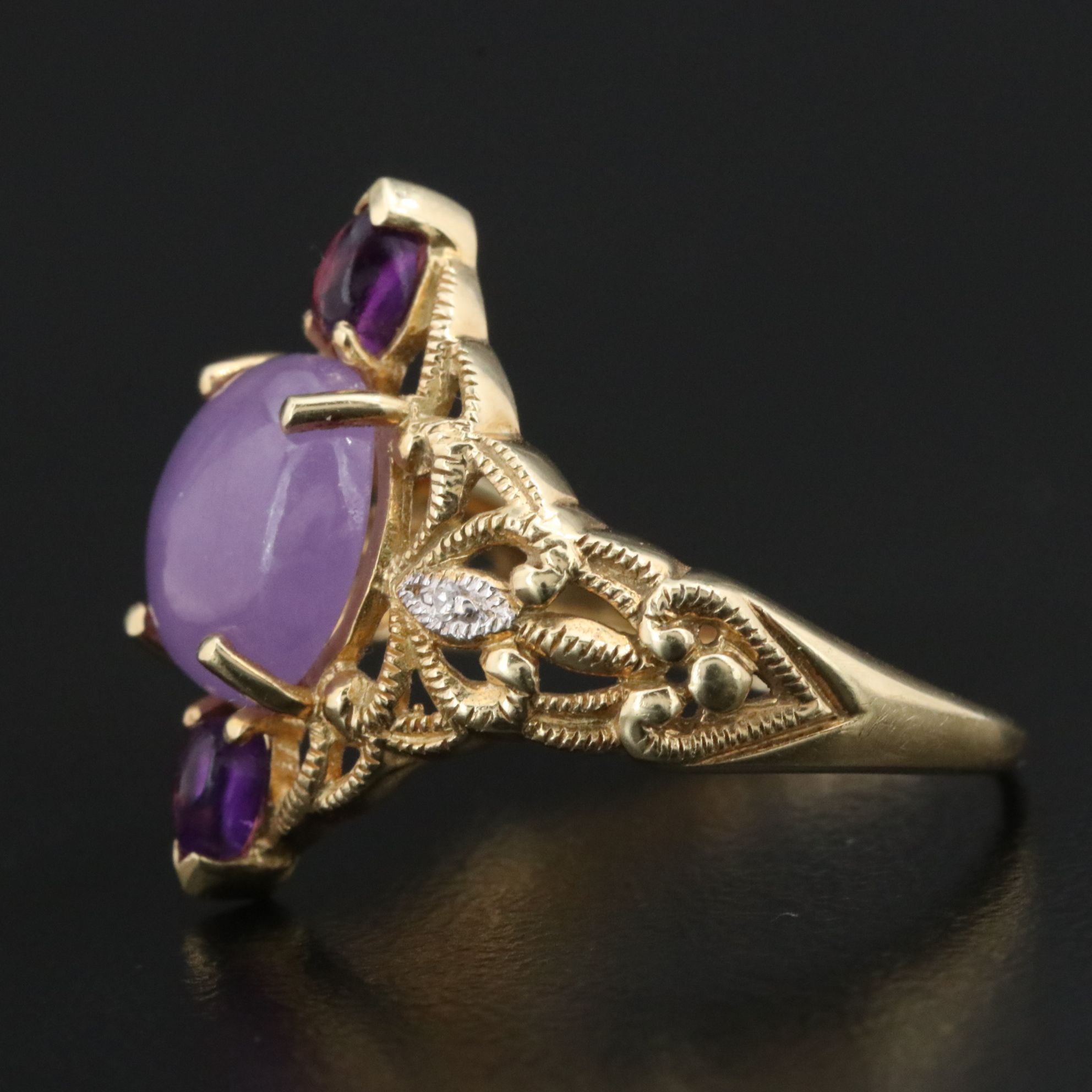 14K Jadeite, Amethyst and Diamond Ring