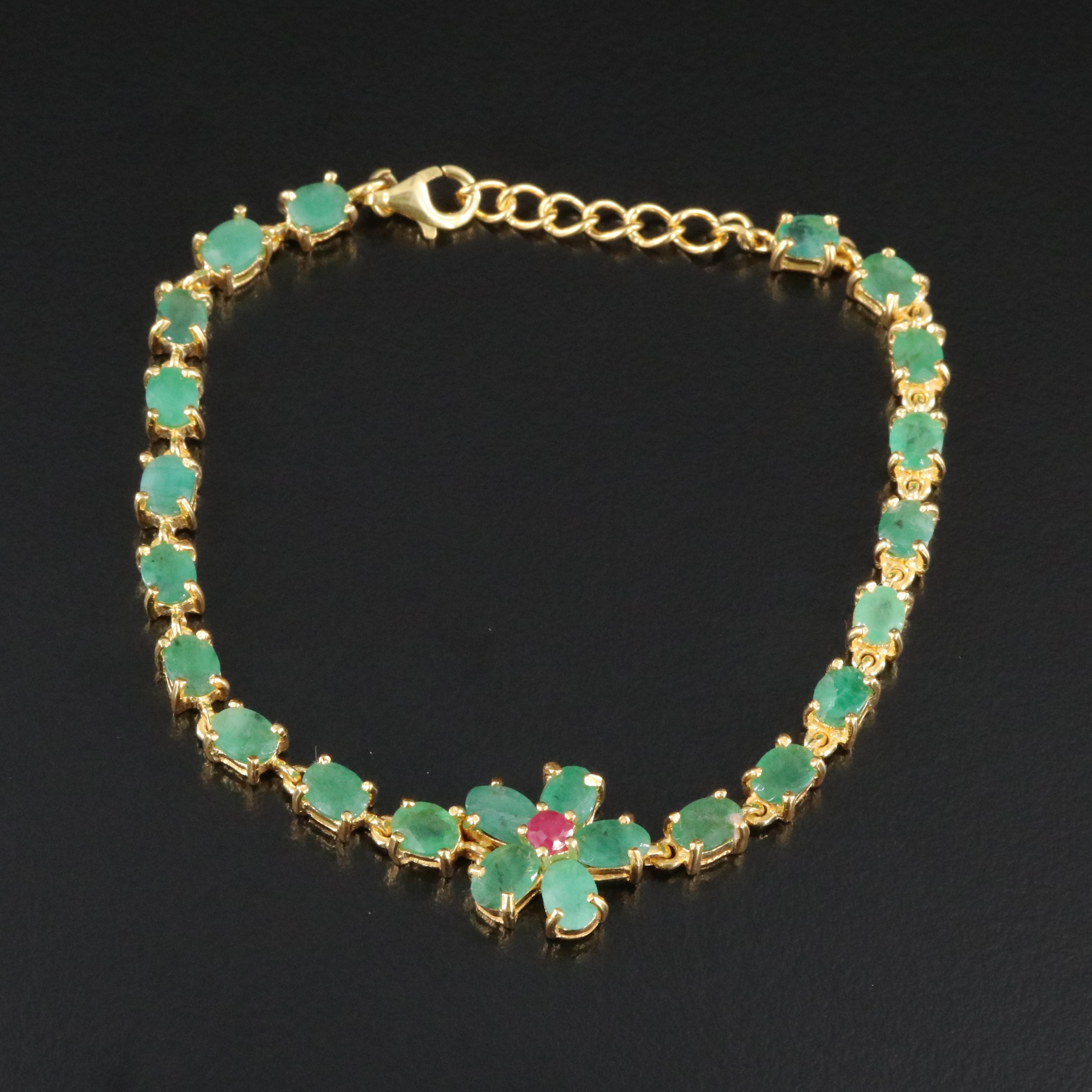 Sterling Emerald and Filled Corundum Floral Bracelet