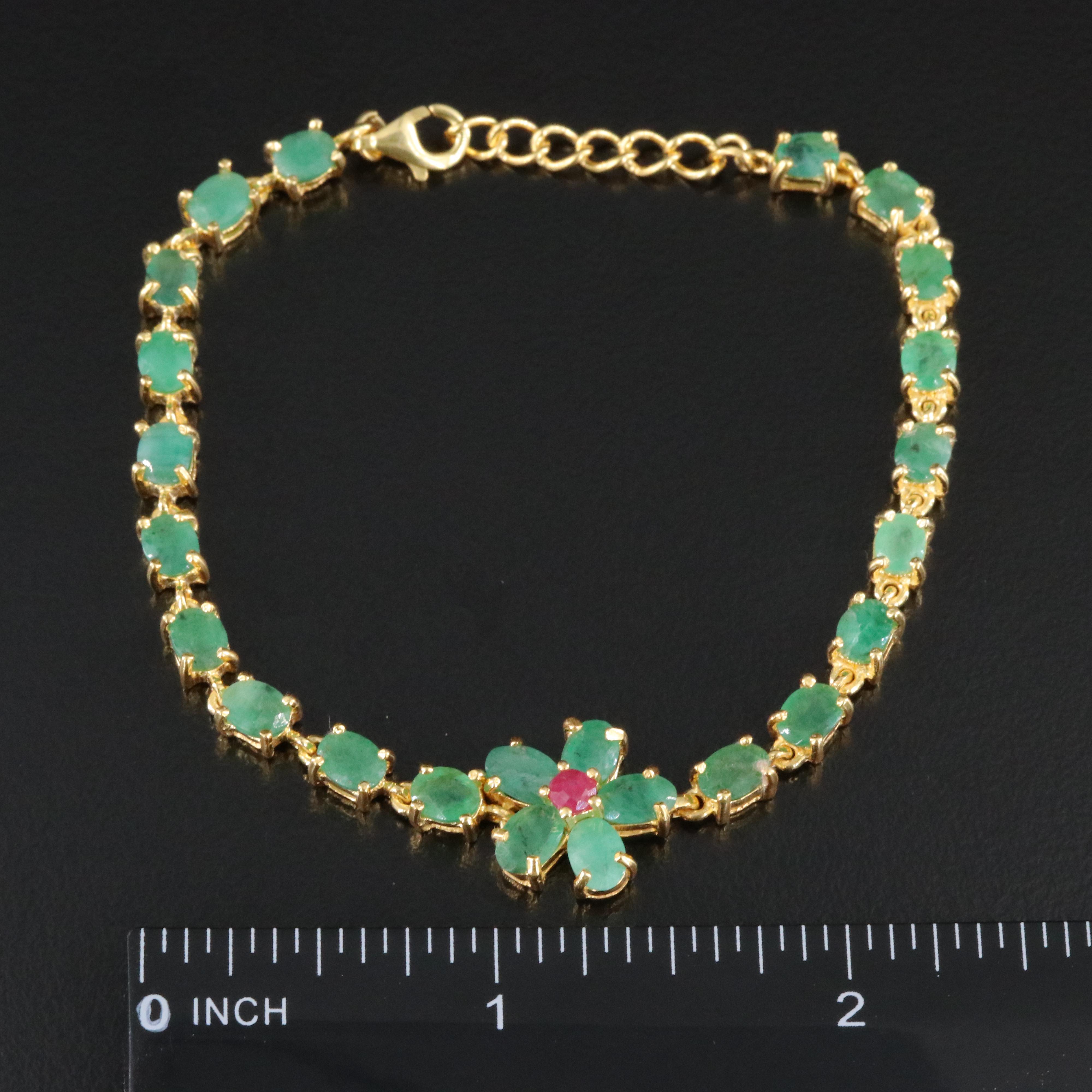 Sterling Emerald and Filled Corundum Floral Bracelet