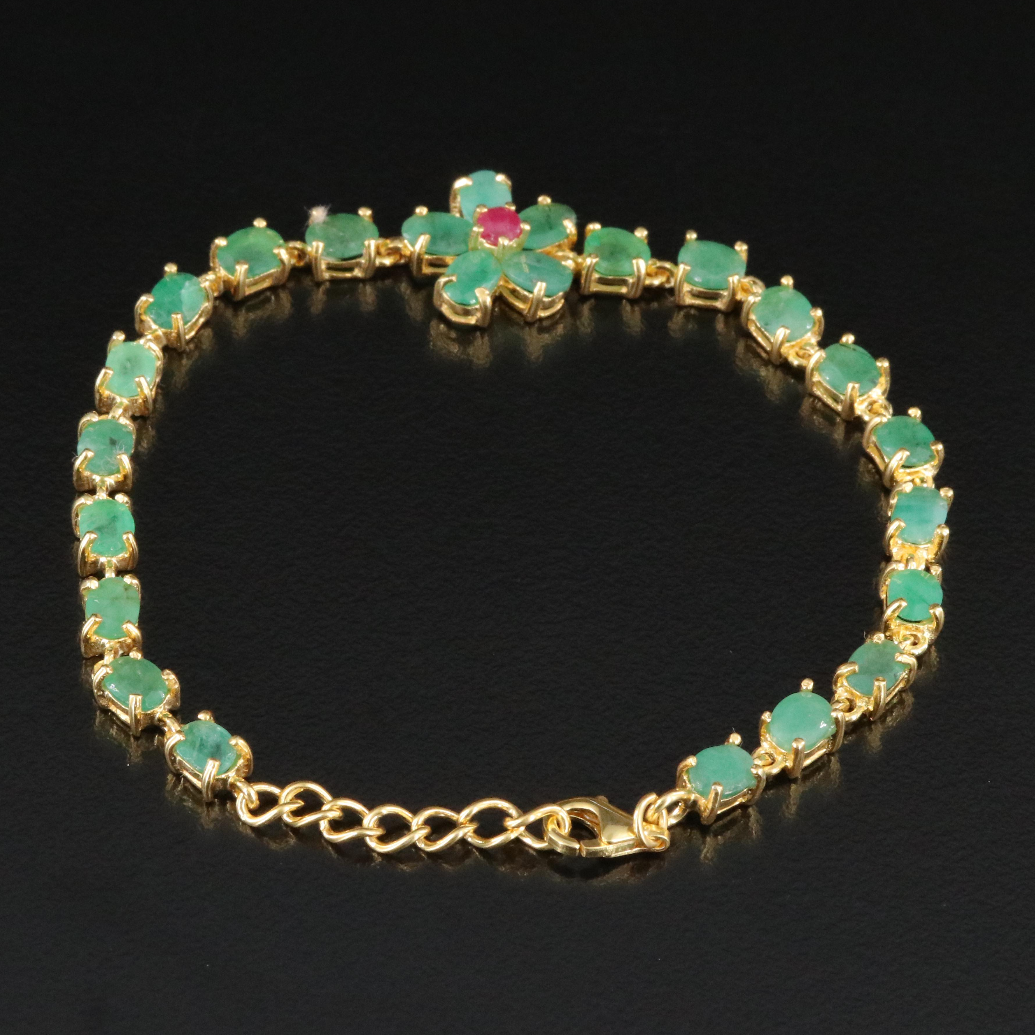 Sterling Emerald and Filled Corundum Floral Bracelet