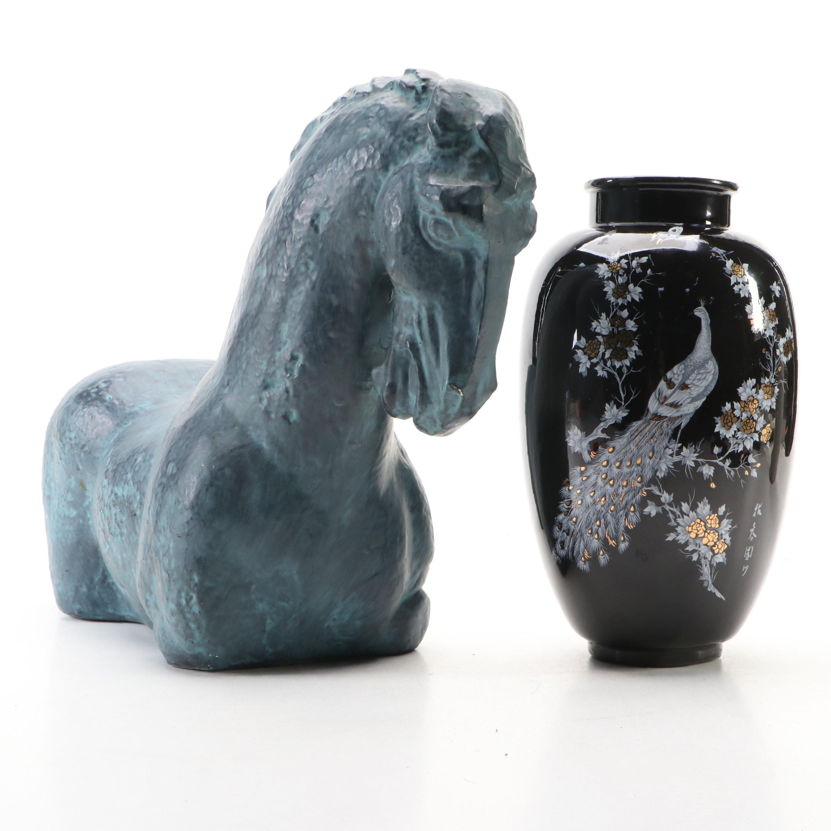 Chinese Porcelain Gilt Accented Peacock Vase with Tang Style Ceramic Horse