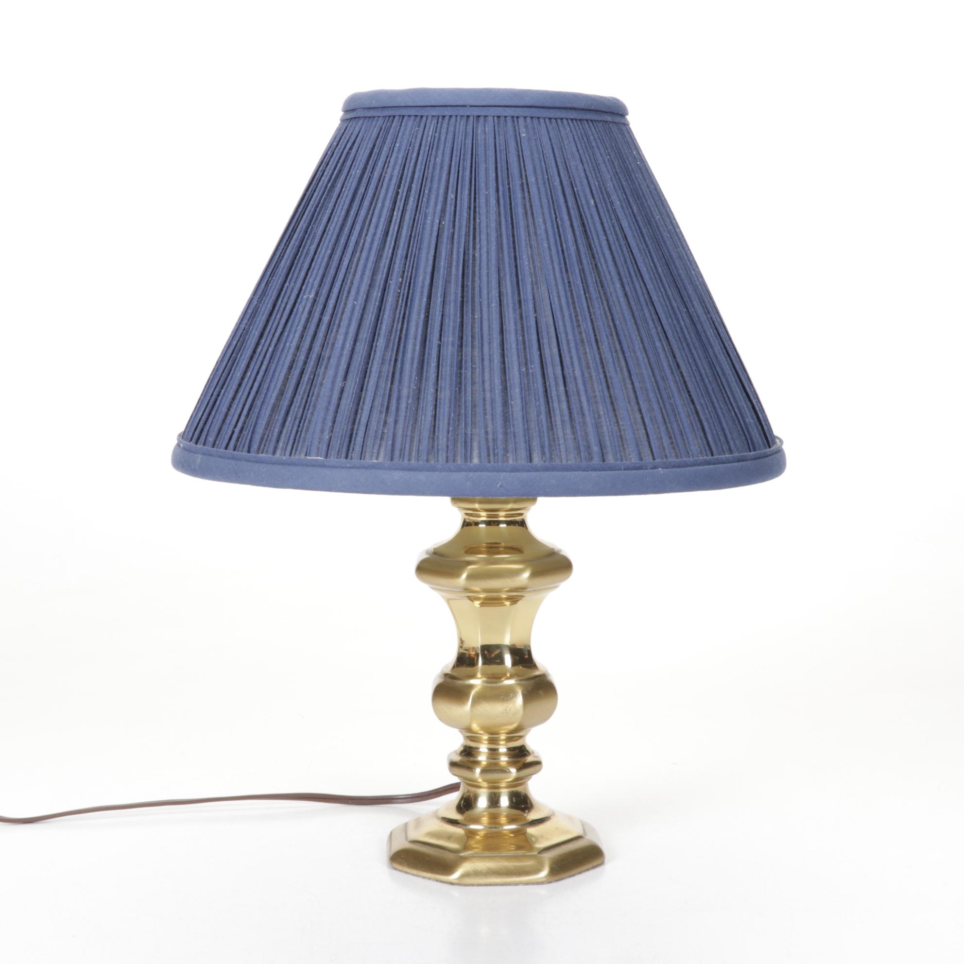 Brass Octagonal Baluster Accent Lamp with Blue Pleated Fabric Lamp Shade