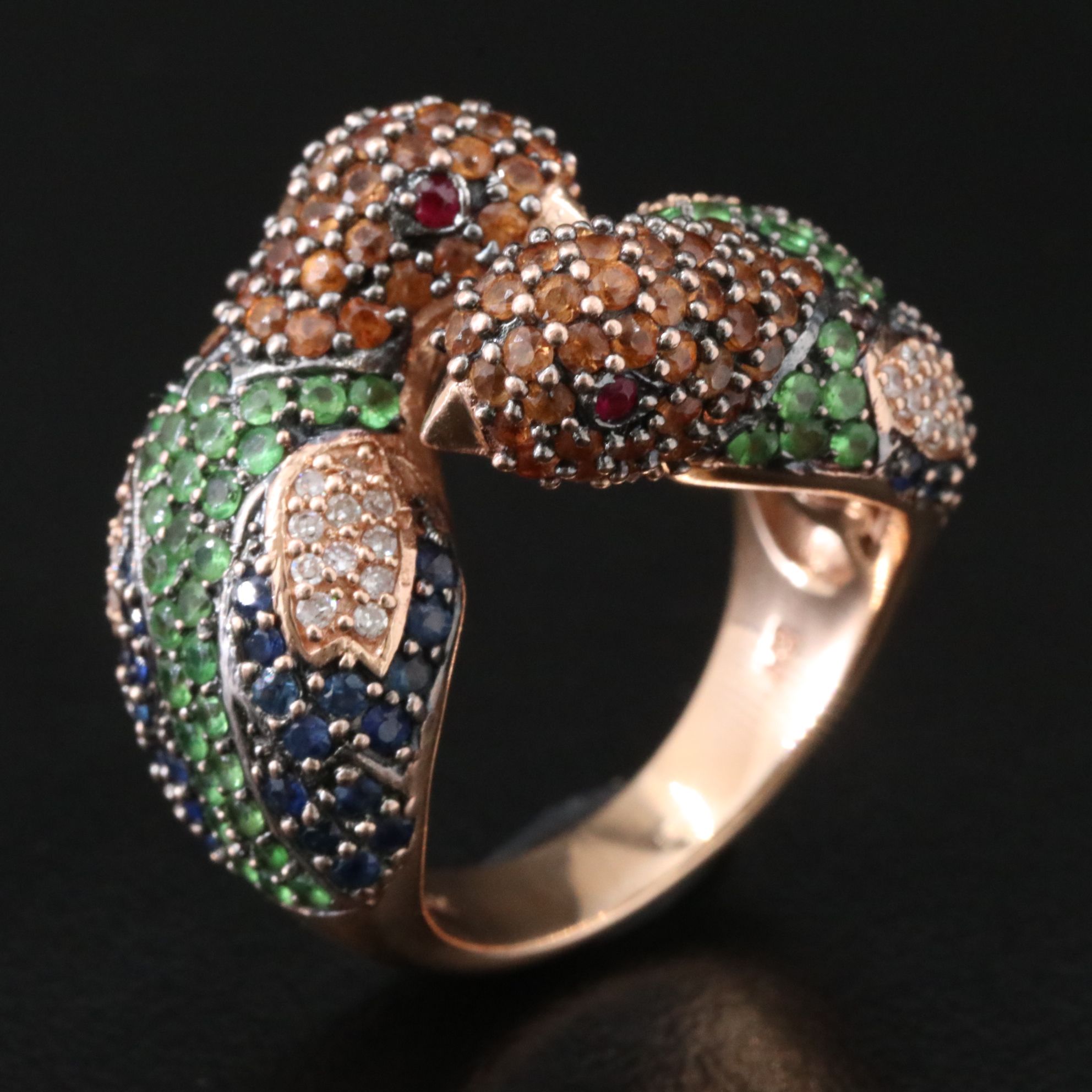 14K Rose Gold Sapphire, Tsavorite, Ruby and Diamond "Love Birds" Ring