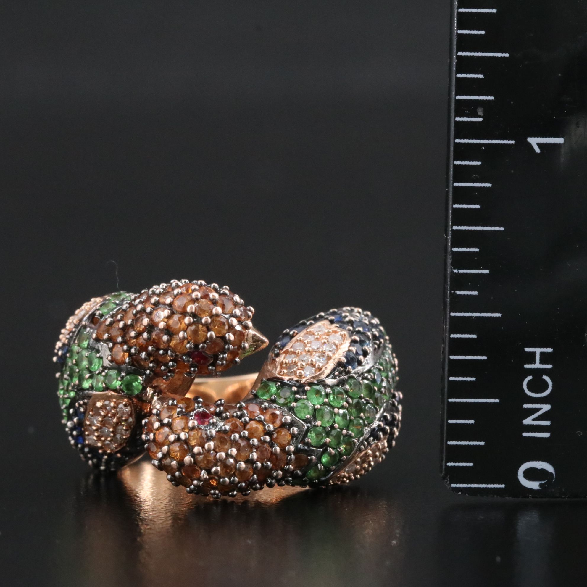 14K Rose Gold Sapphire, Tsavorite, Ruby and Diamond "Love Birds" Ring
