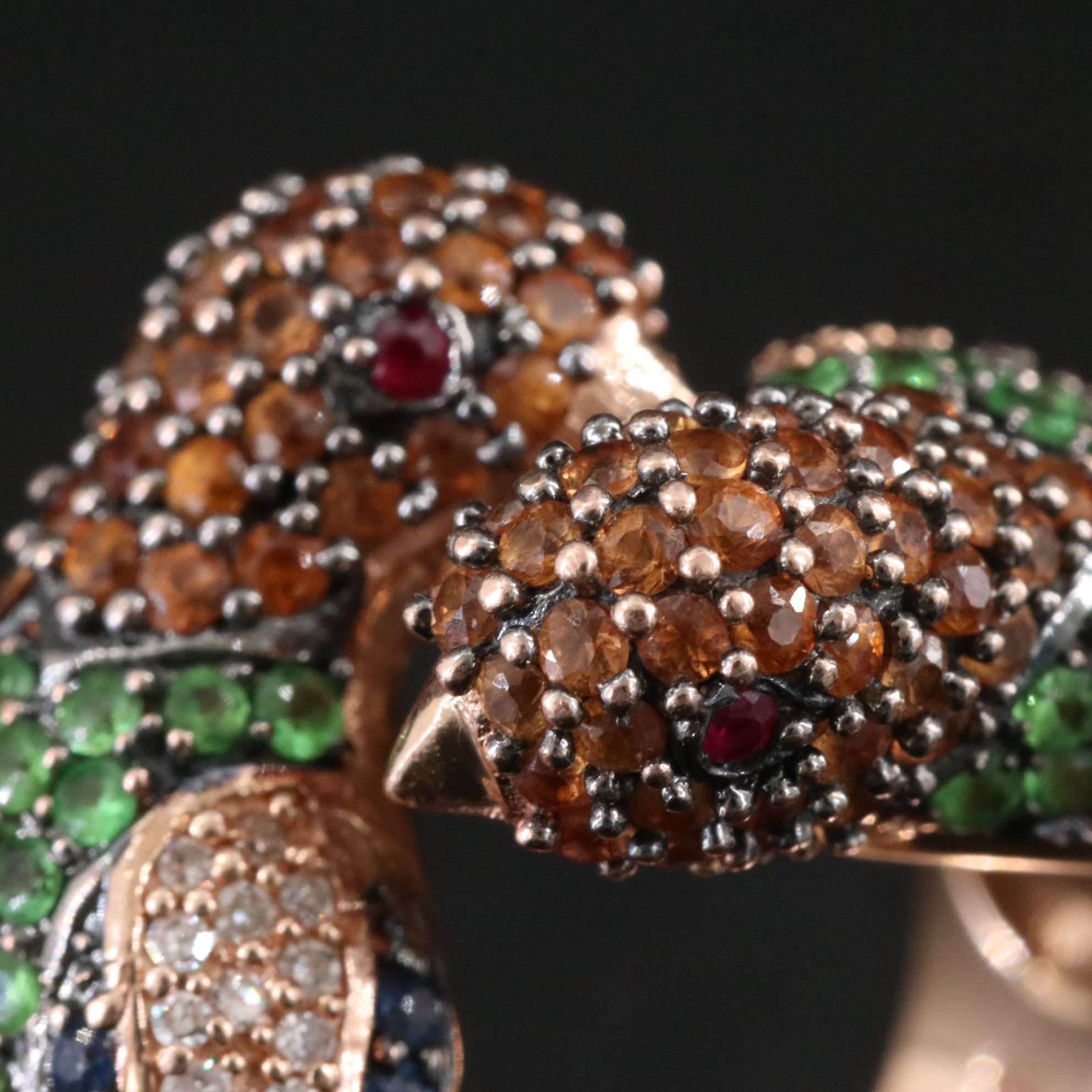14K Rose Gold Sapphire, Tsavorite, Ruby and Diamond "Love Birds" Ring
