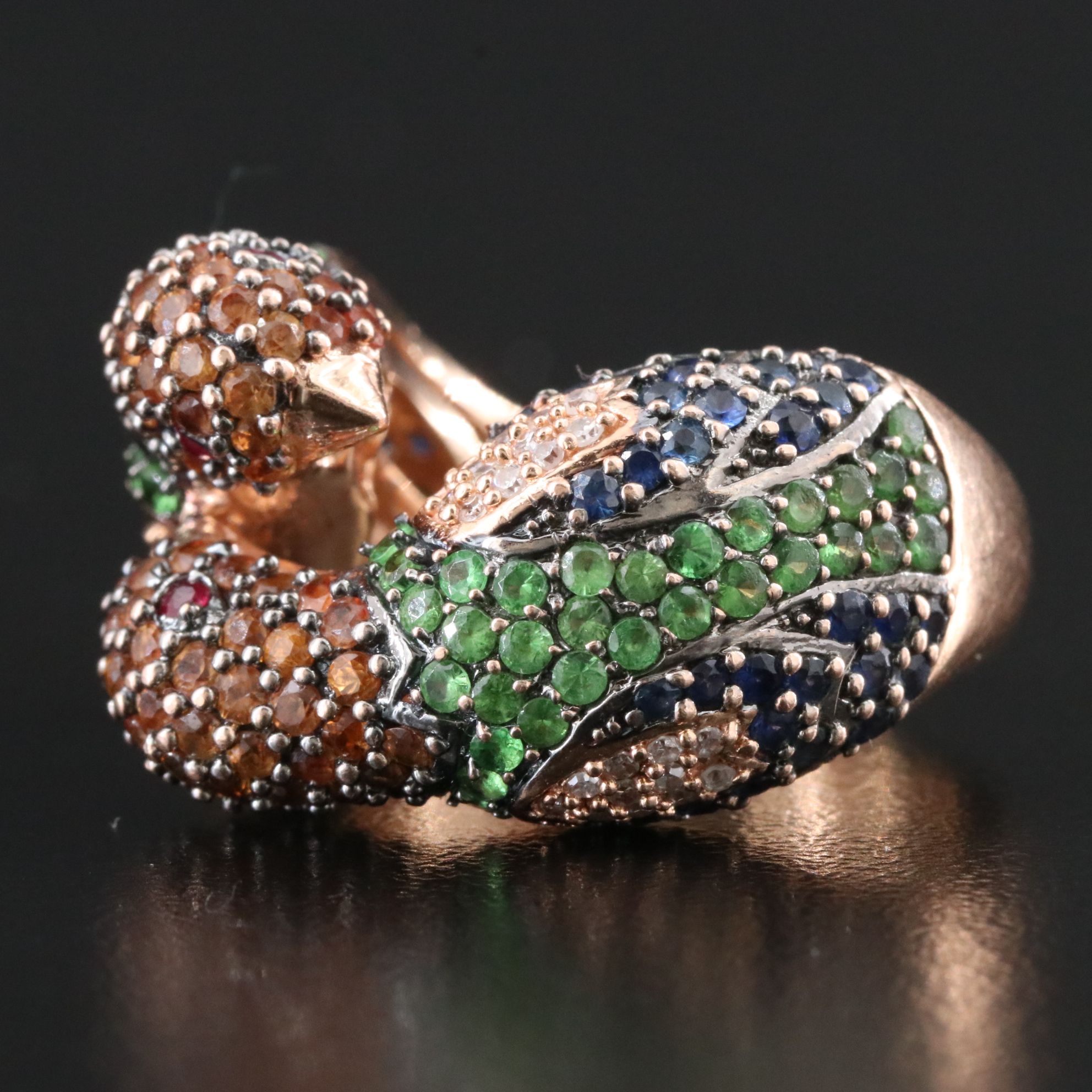 14K Rose Gold Sapphire, Tsavorite, Ruby and Diamond "Love Birds" Ring