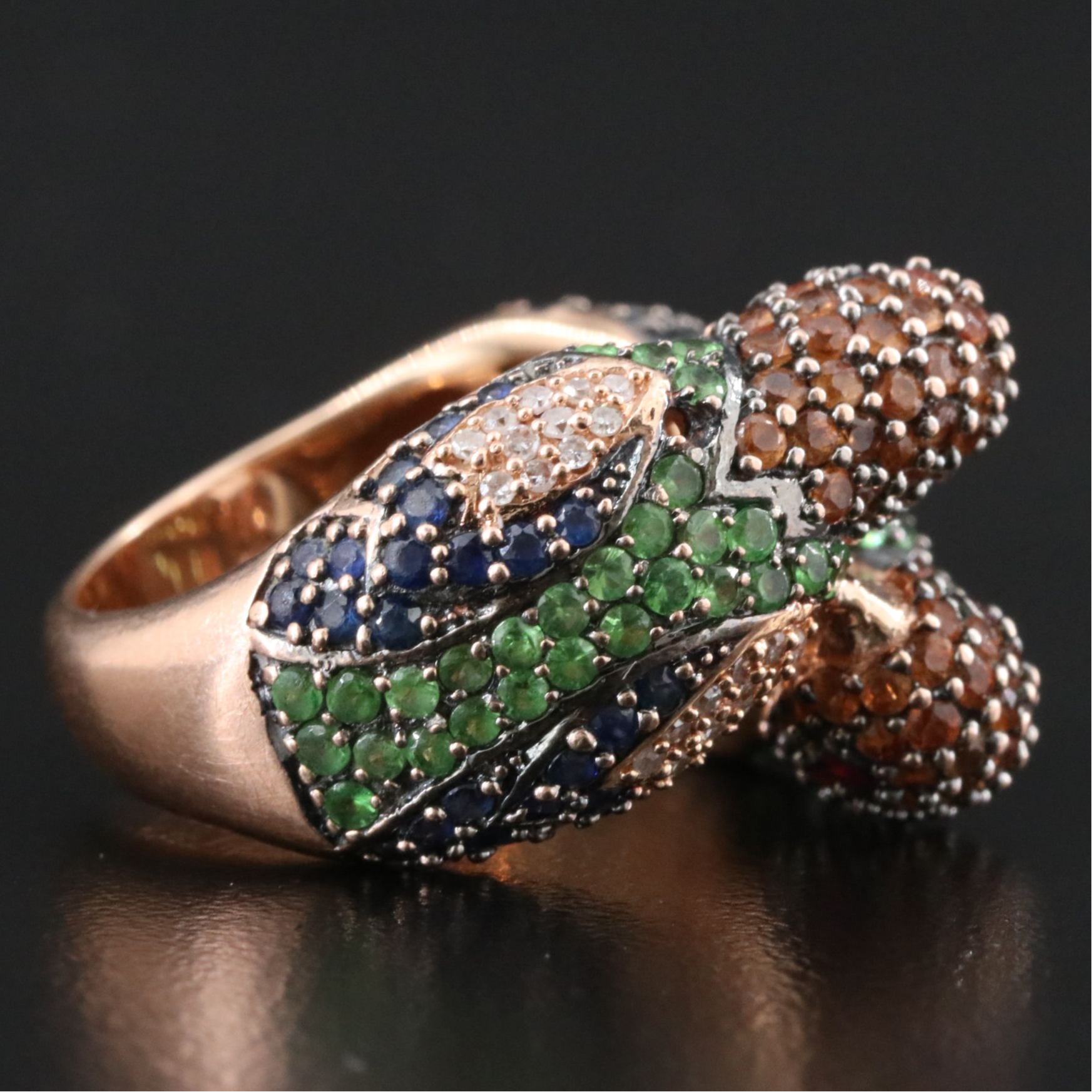 14K Rose Gold Sapphire, Tsavorite, Ruby and Diamond "Love Birds" Ring