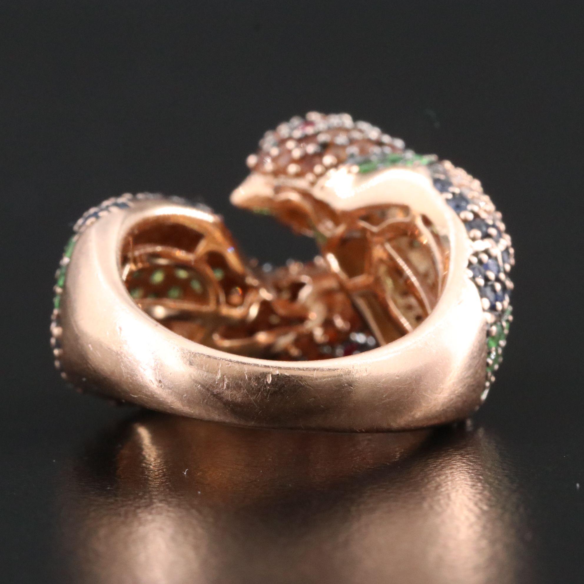 14K Rose Gold Sapphire, Tsavorite, Ruby and Diamond "Love Birds" Ring