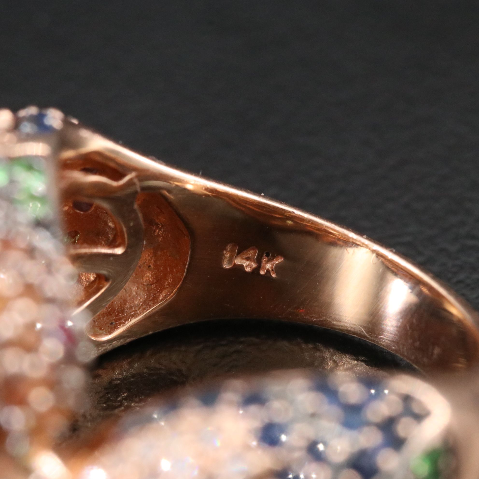 14K Rose Gold Sapphire, Tsavorite, Ruby and Diamond "Love Birds" Ring