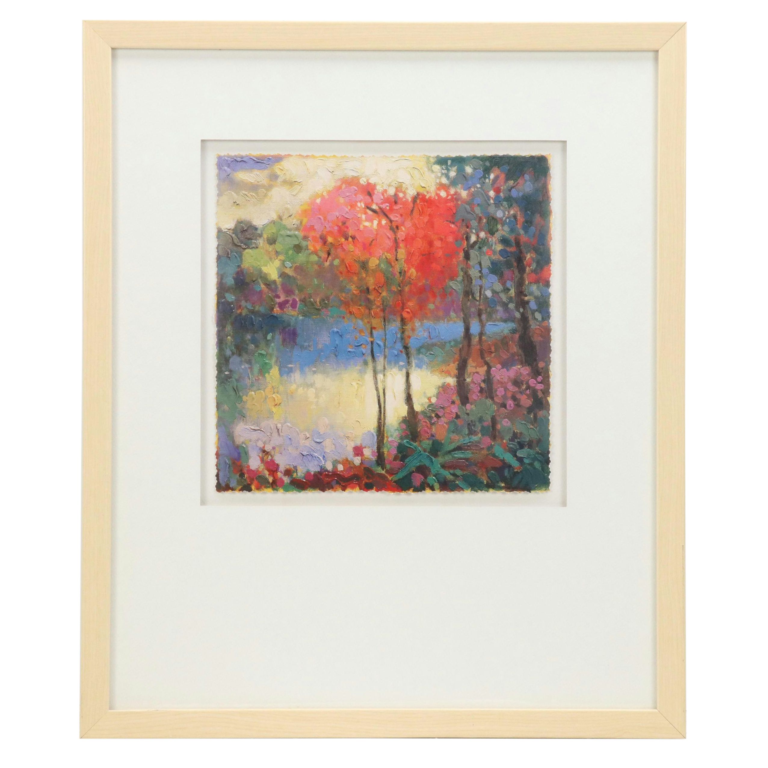 Offset Lithograph of Impressionist Style Pond Landscape