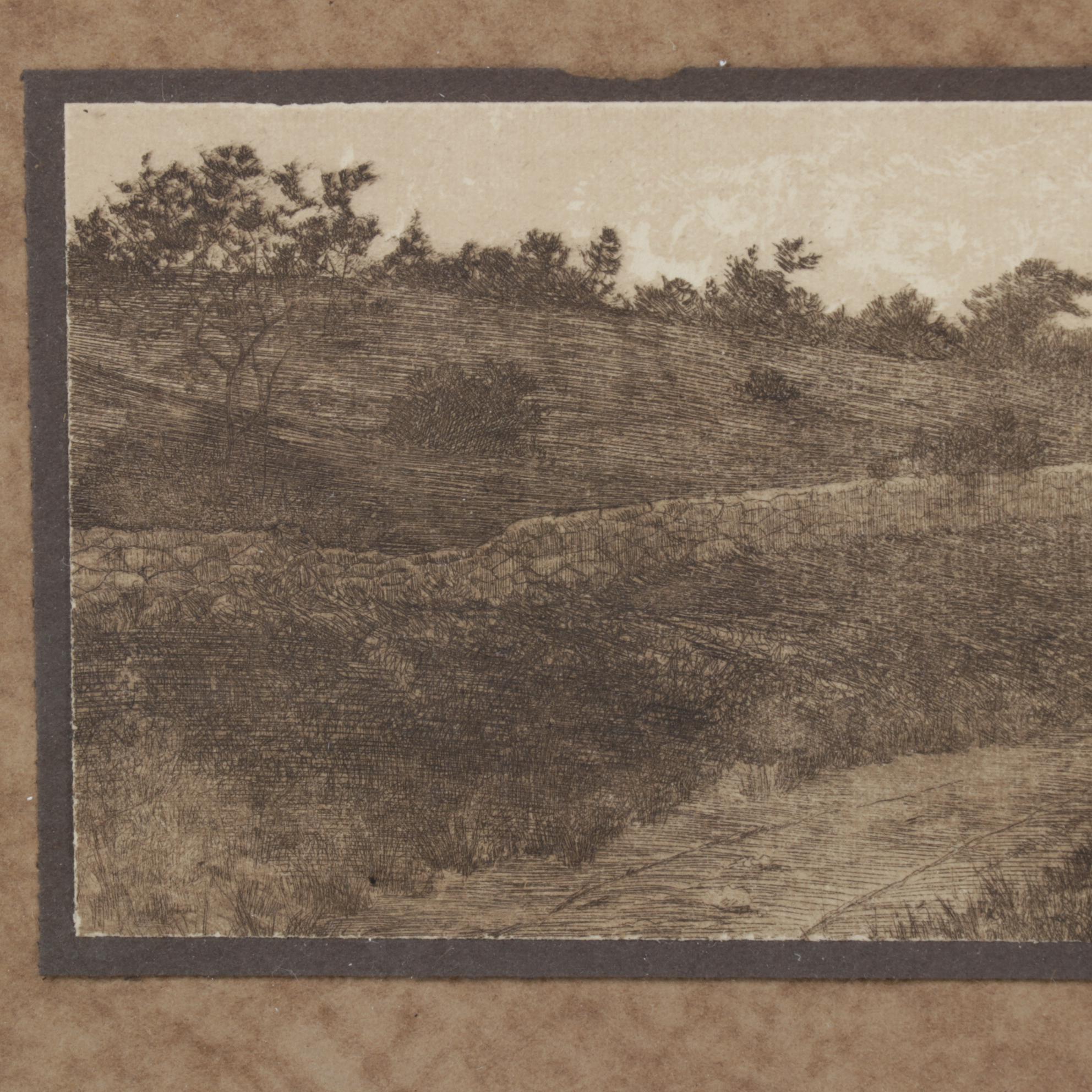 Panoramic Etching of Harbor Town With Sailing Schooner