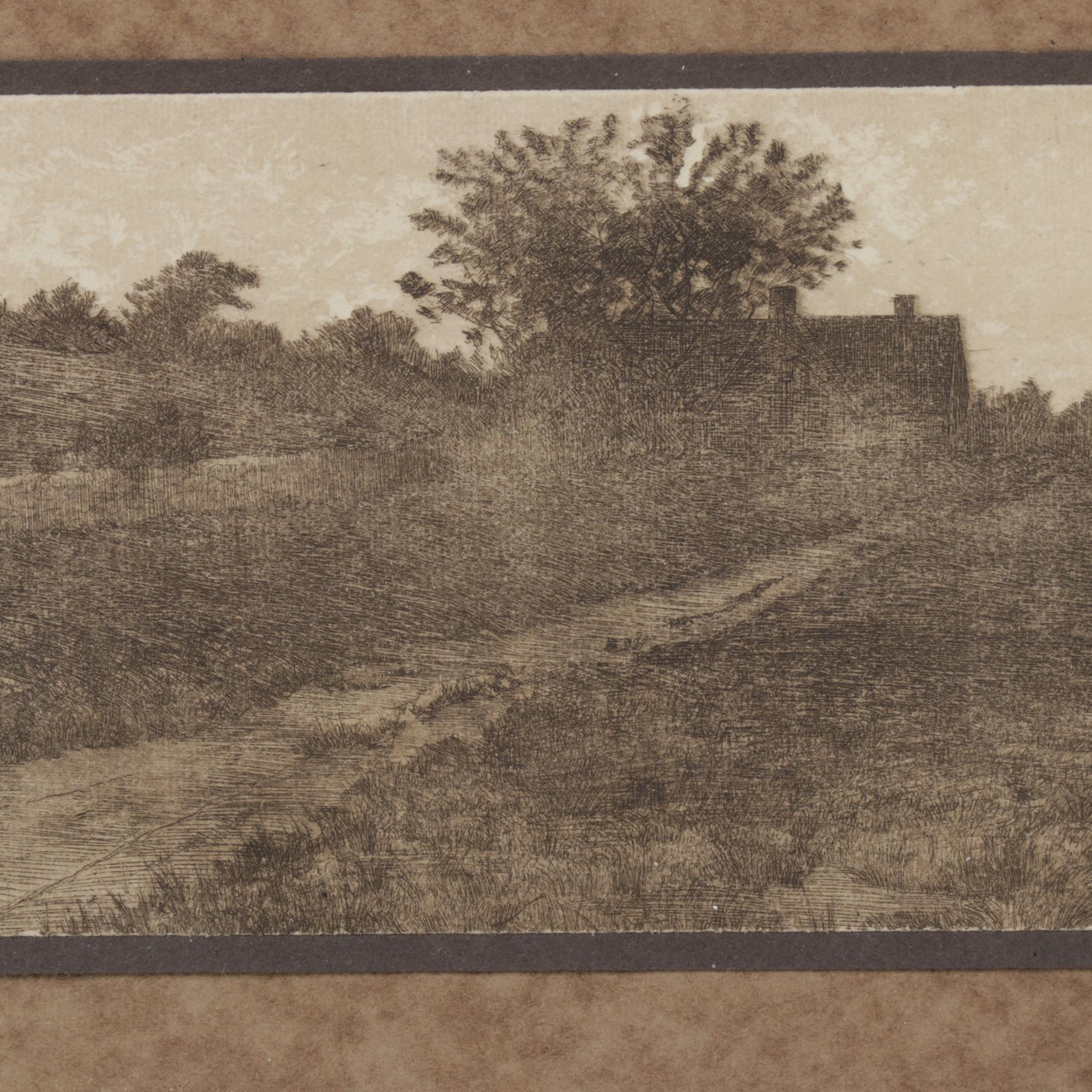 Panoramic Etching of Harbor Town With Sailing Schooner