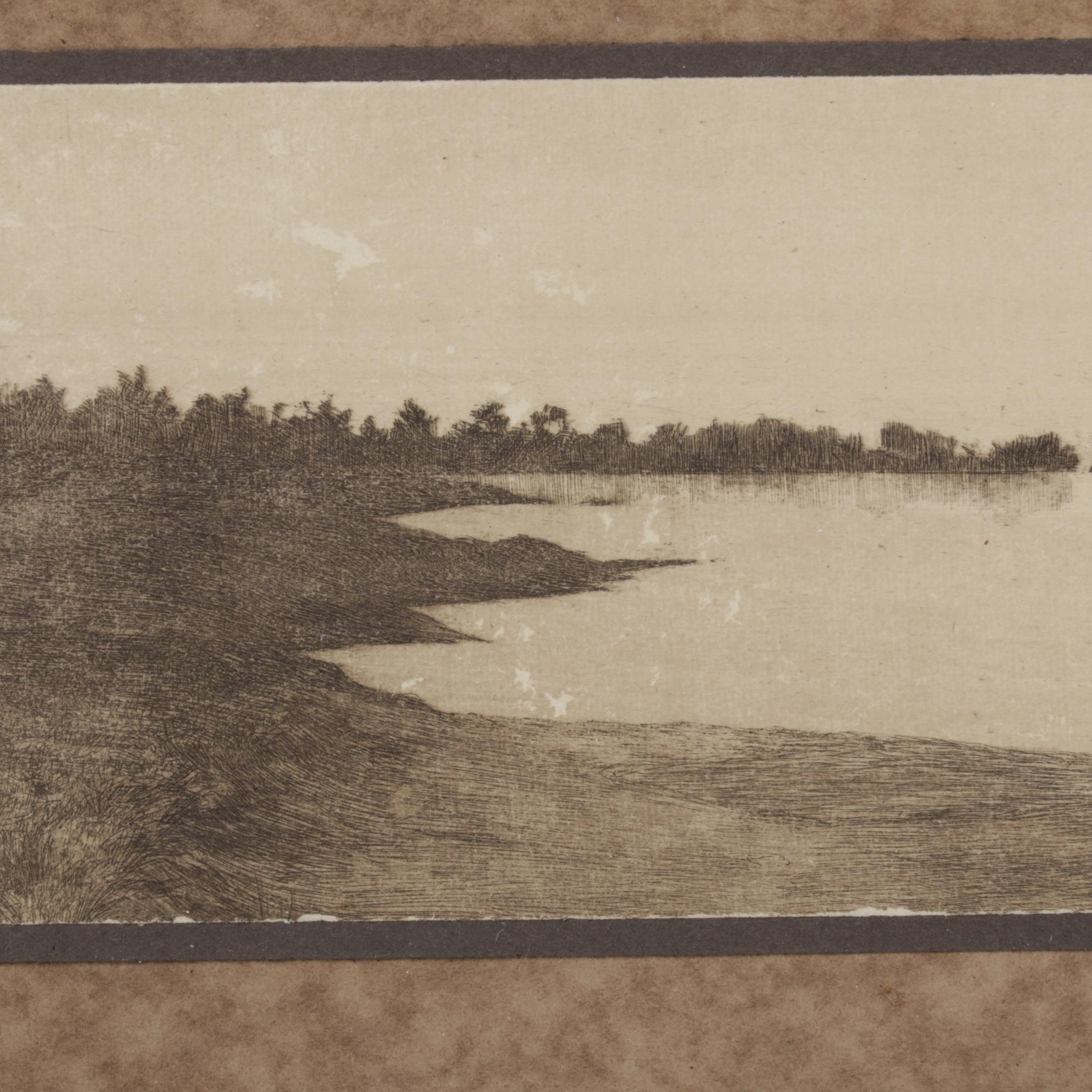Panoramic Etching of Harbor Town With Sailing Schooner