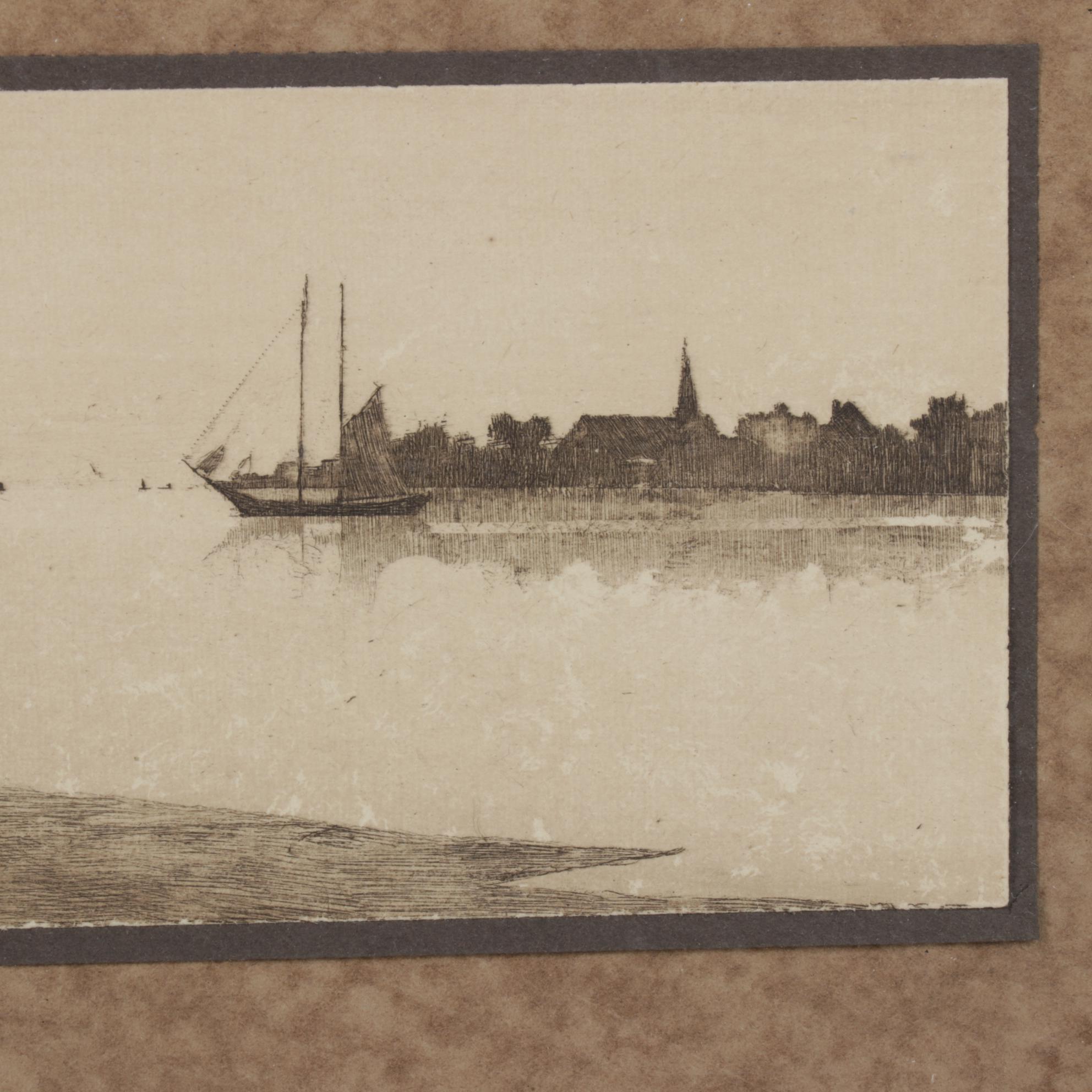 Panoramic Etching of Harbor Town With Sailing Schooner