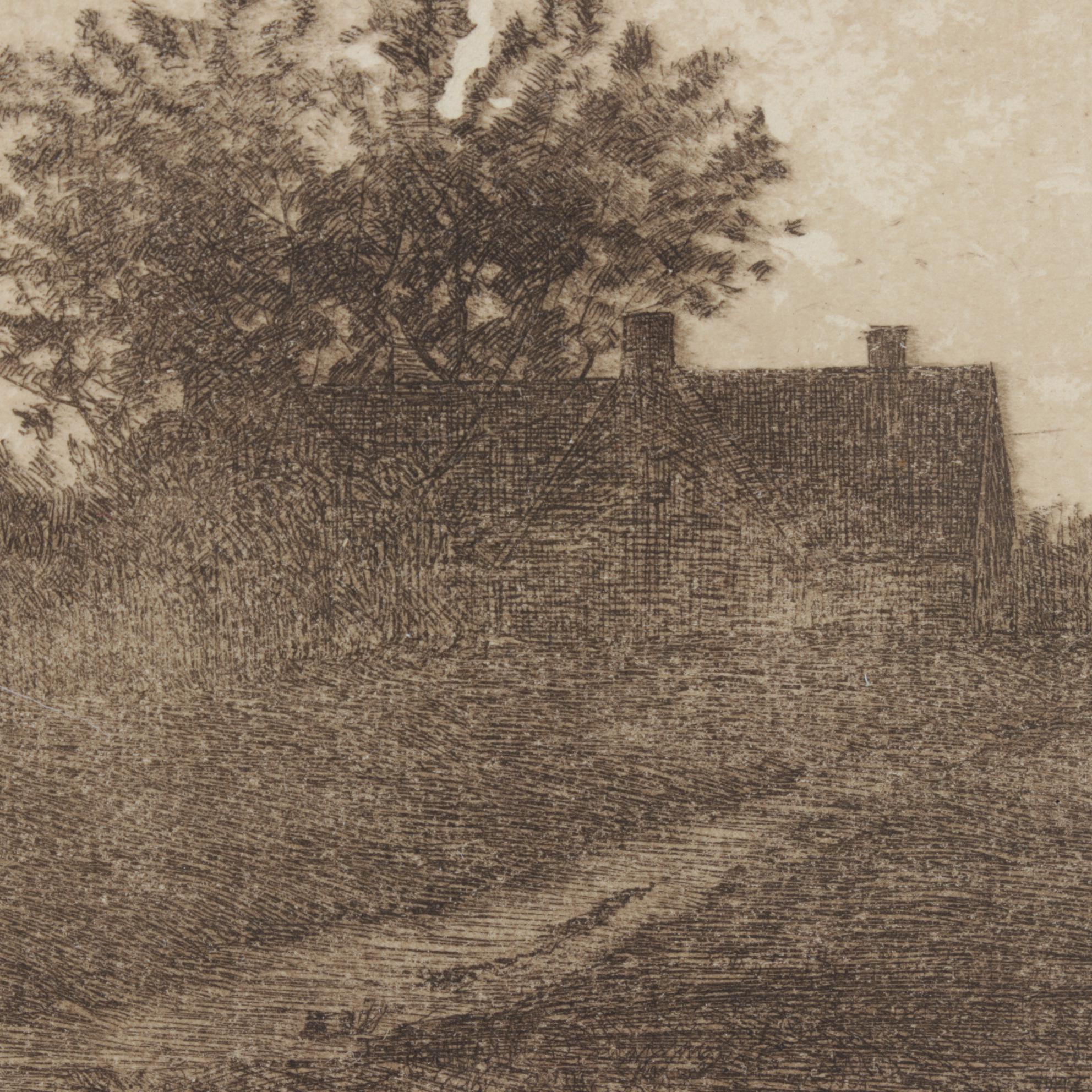 Panoramic Etching of Harbor Town With Sailing Schooner