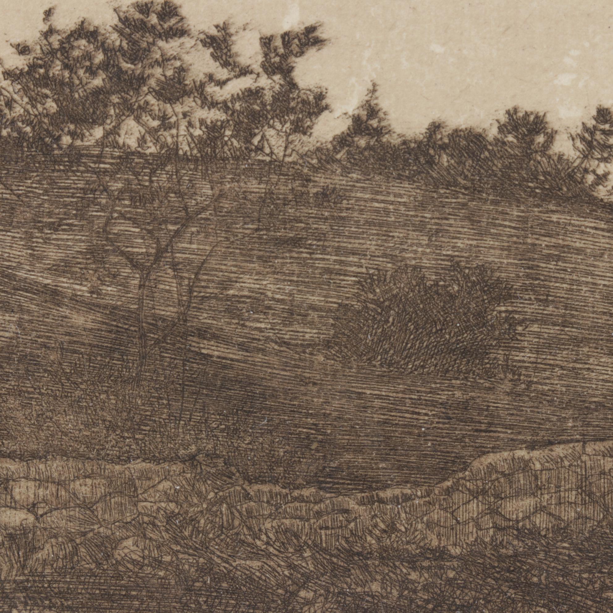 Panoramic Etching of Harbor Town With Sailing Schooner