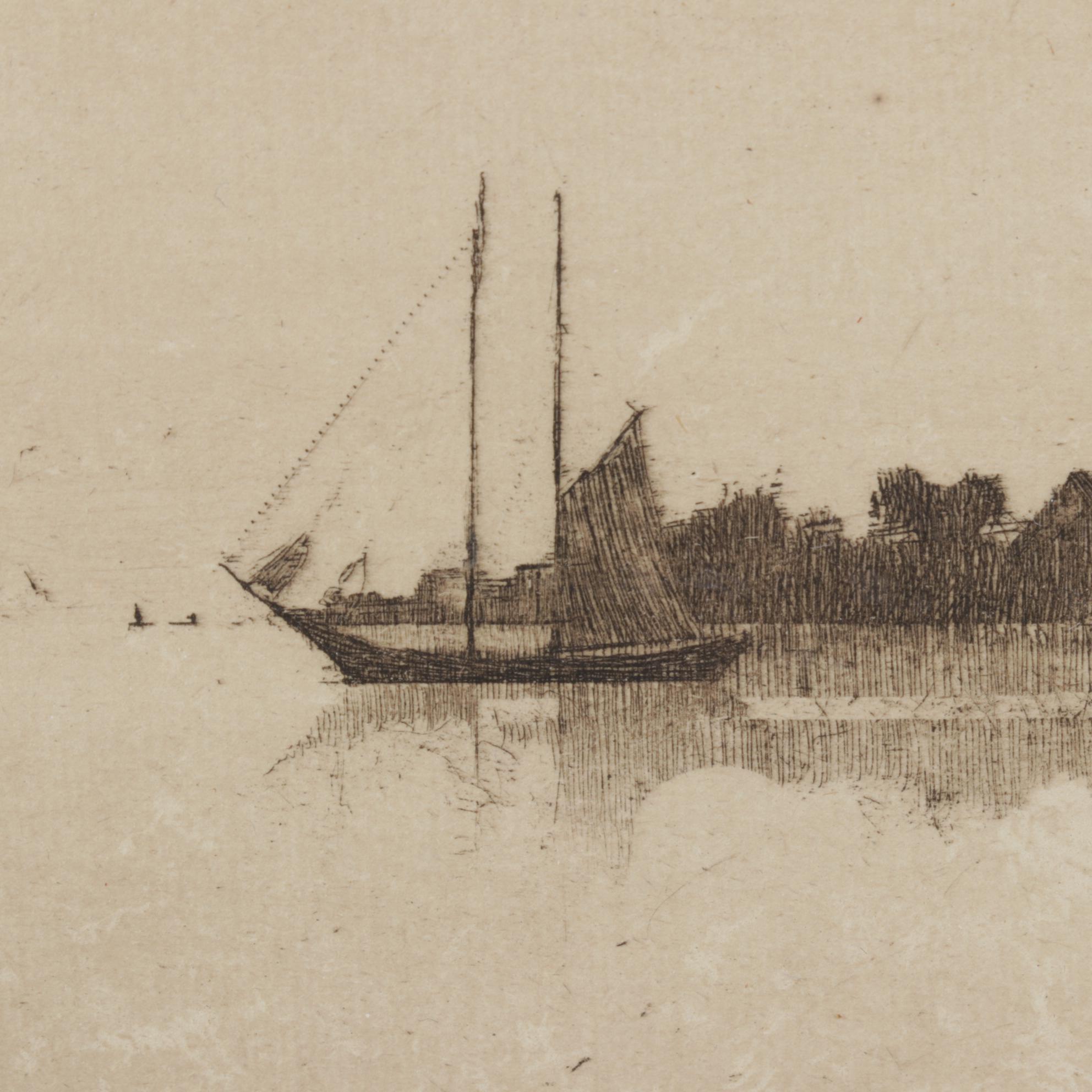 Panoramic Etching of Harbor Town With Sailing Schooner