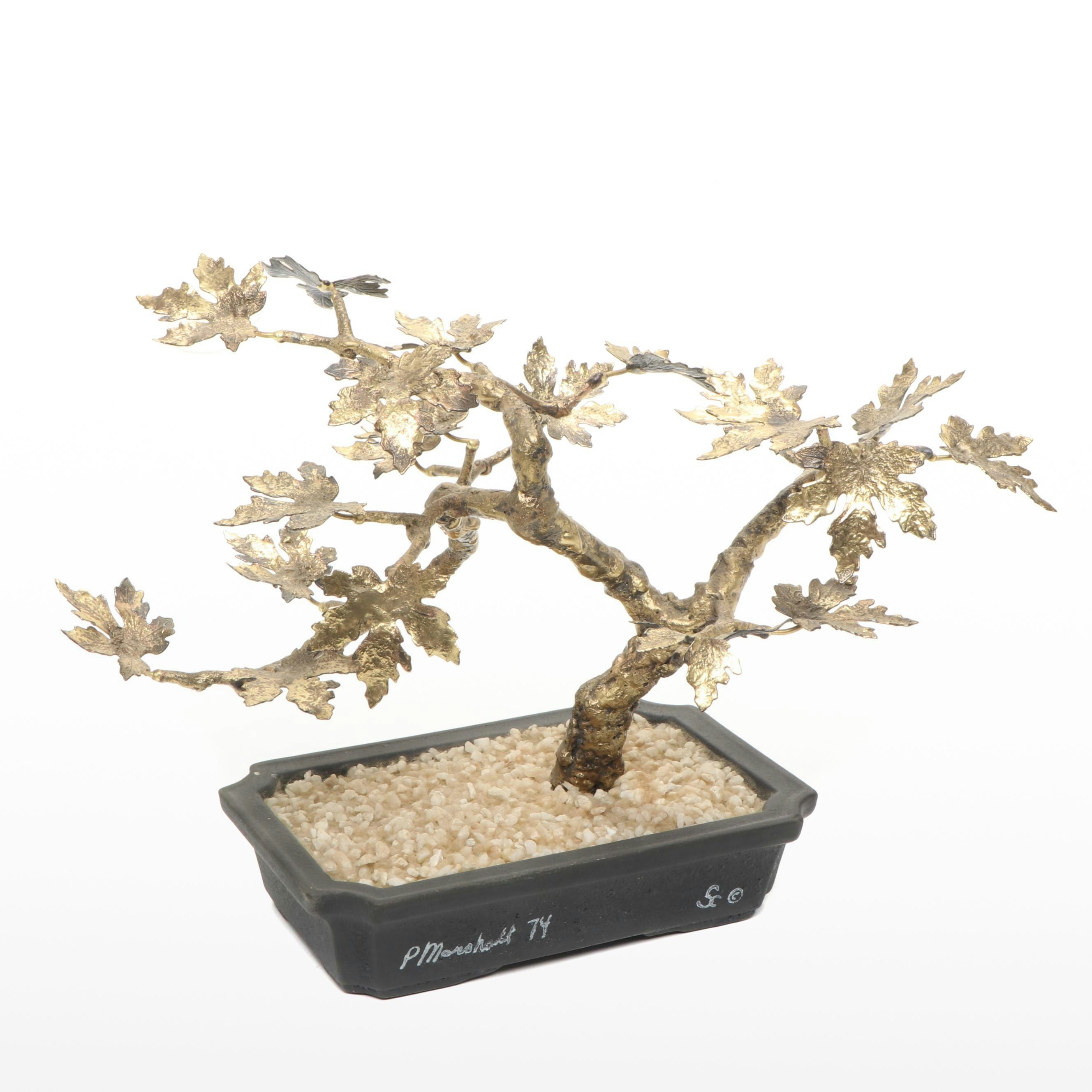 Perry Marshall Golden Brass Sculpture of Bonsai Tree, 1974