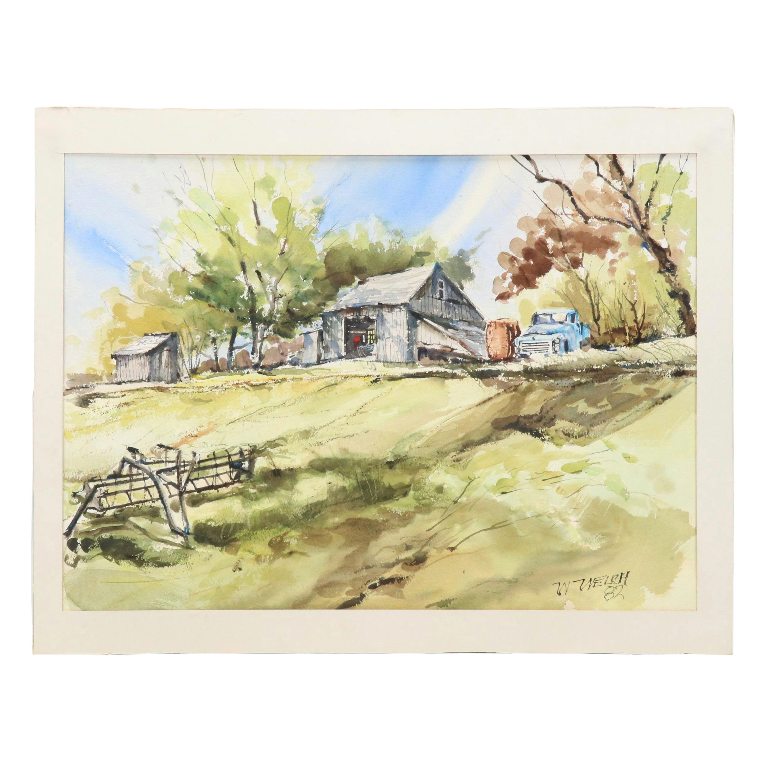 William Welch Farm Landscape Watercolor Painting, 1982