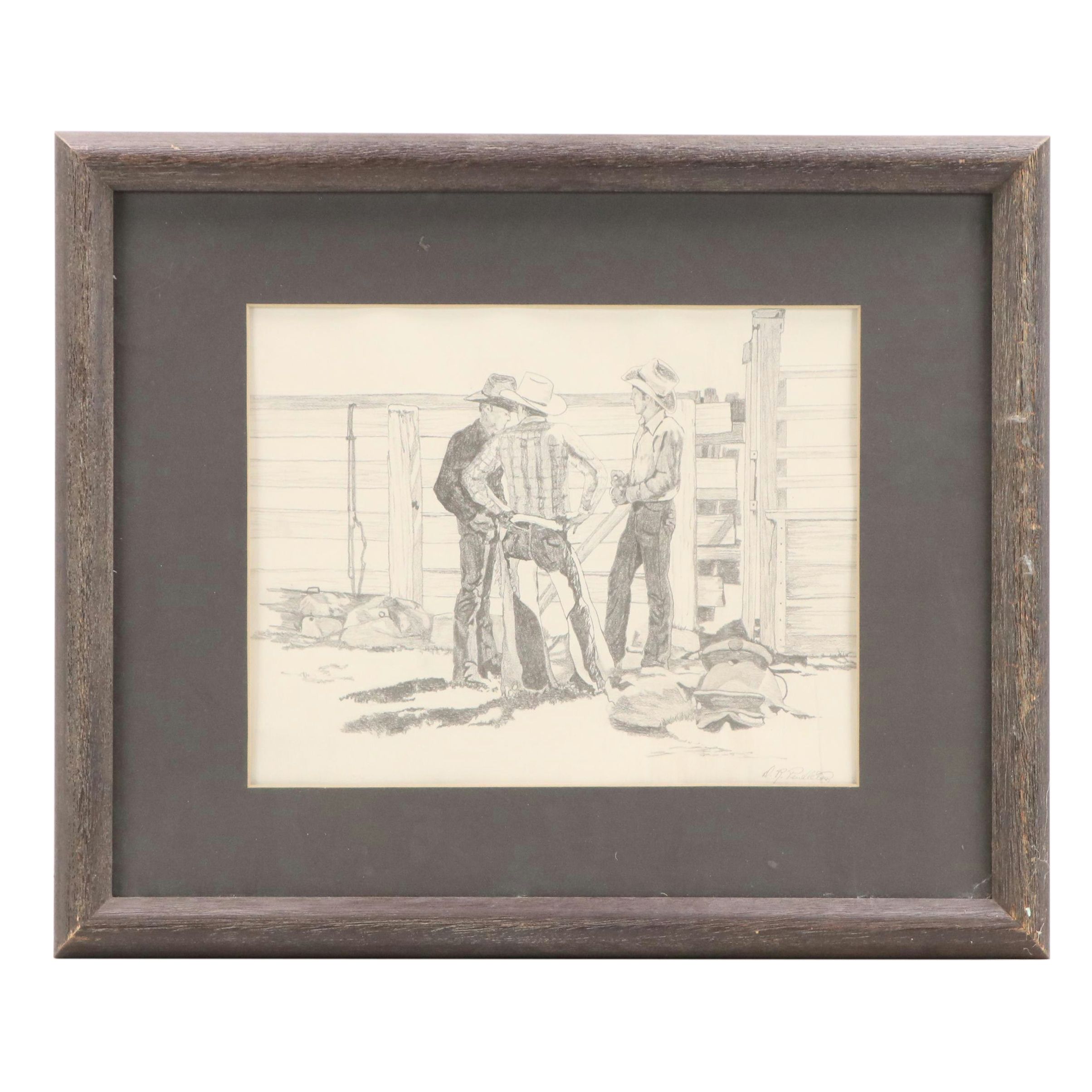 Western Genre Offset Lithographs of Cowboys Seated on a Fence