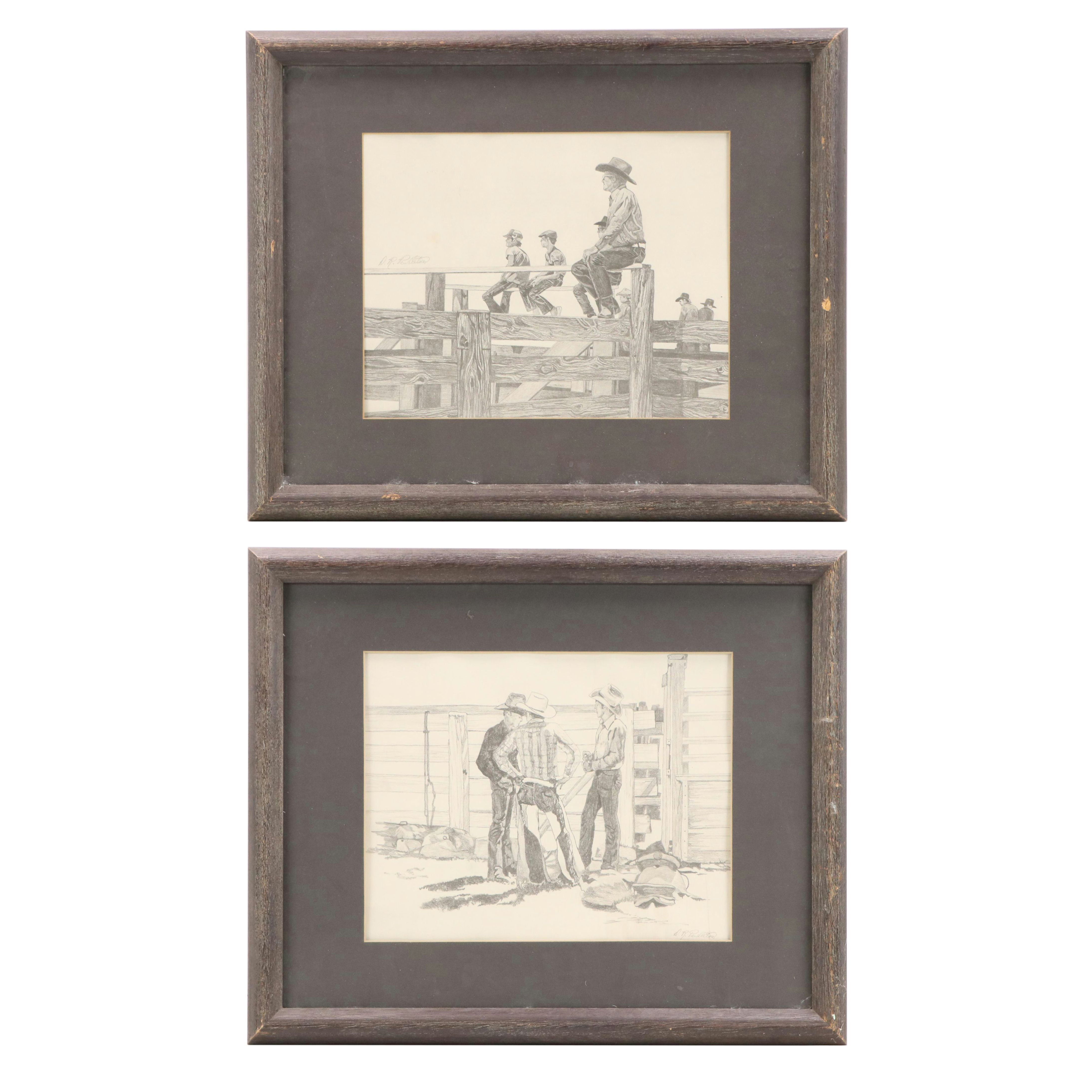 Western Genre Offset Lithographs of Cowboys Seated on a Fence