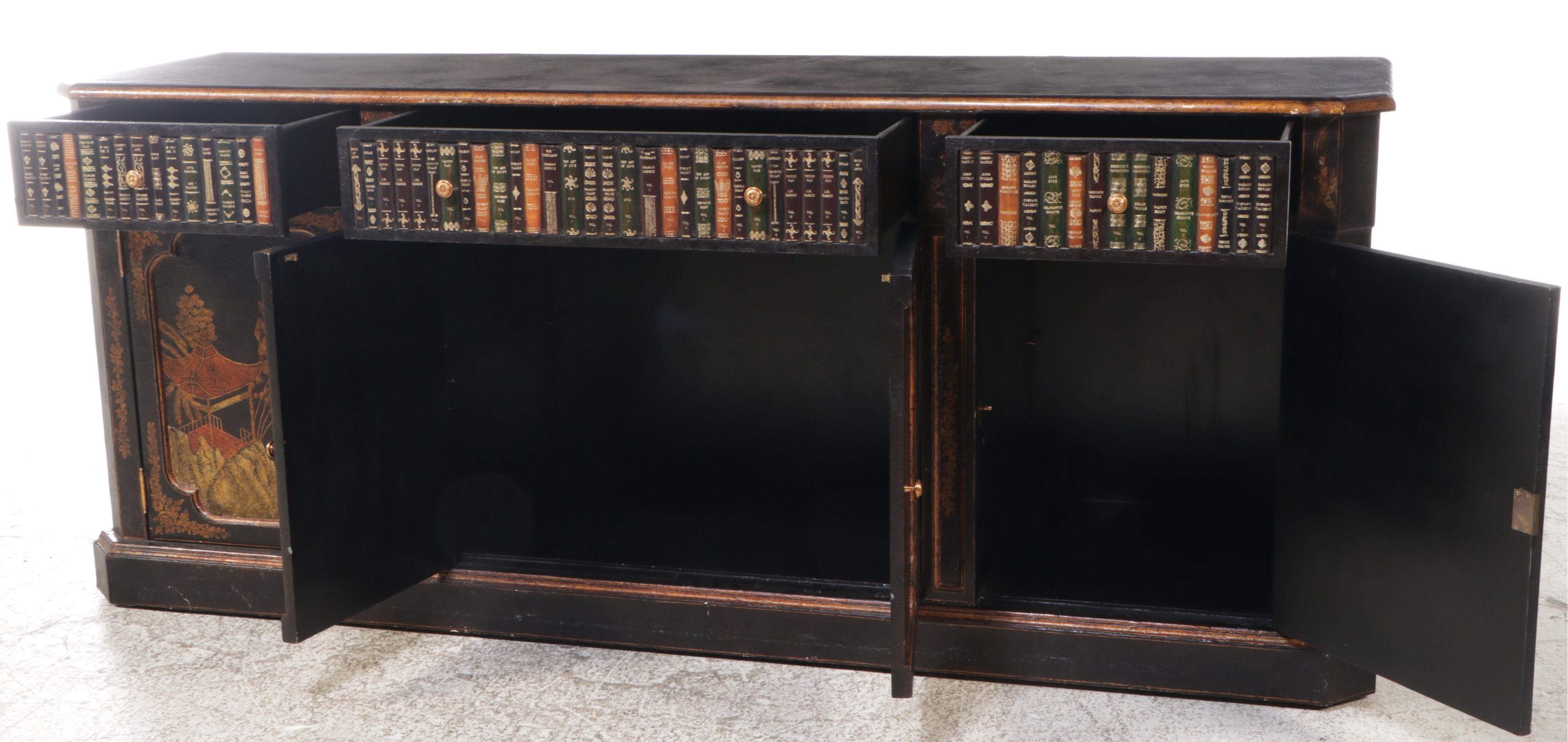 Maitland-Smith Chinoiserie Paint Decorated Black Lacquered China Cabinet