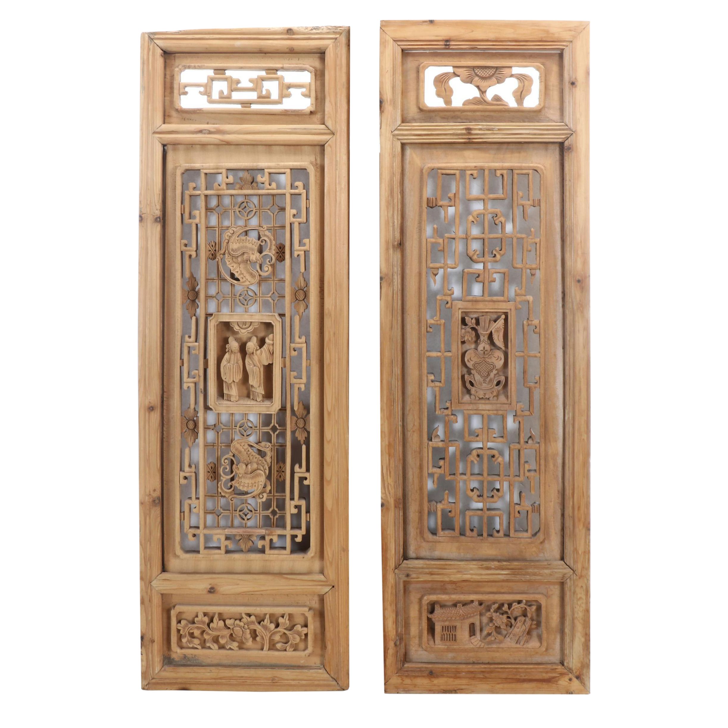 Pair of Chinese Carved Wood Window Screen Panels, Vintage
