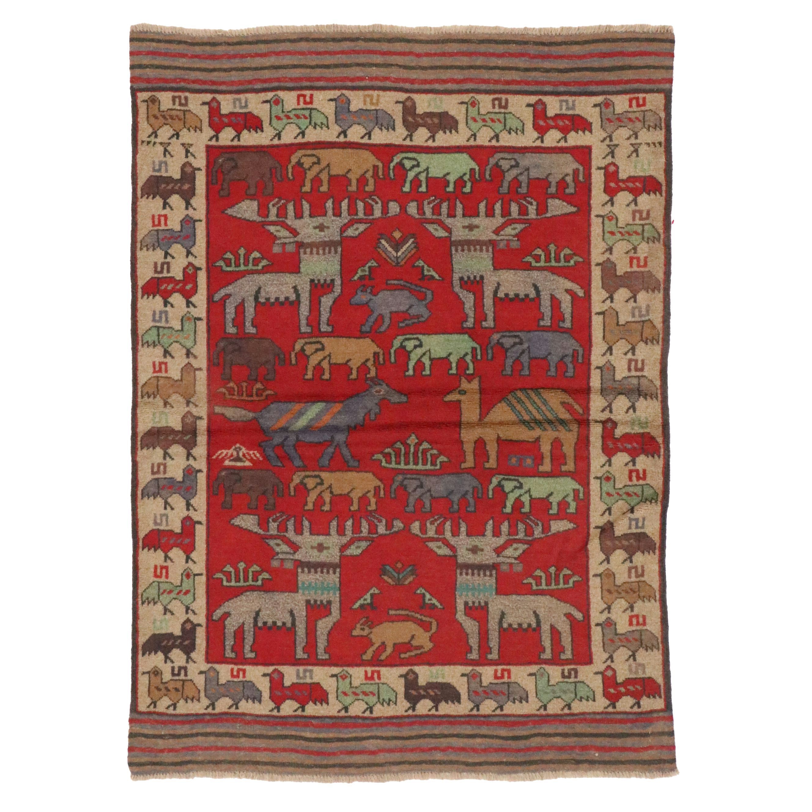4'2 x 5'10 Hand-Knotted Afghan Pictorial Area Rug