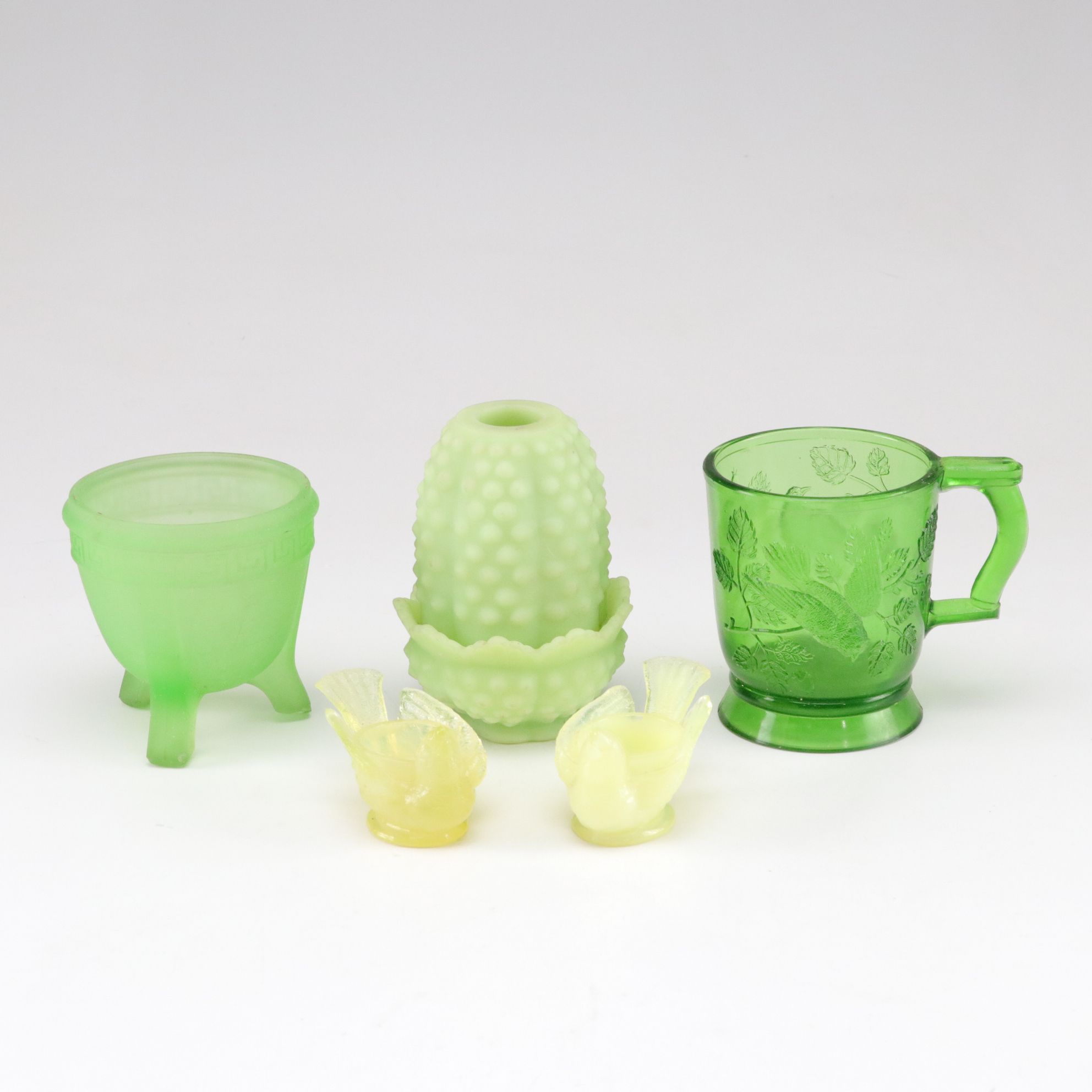 Fenton Uranium Glass "Hobnail" Fairy Lamp, Degenhart Chicken Salt Cellars & More