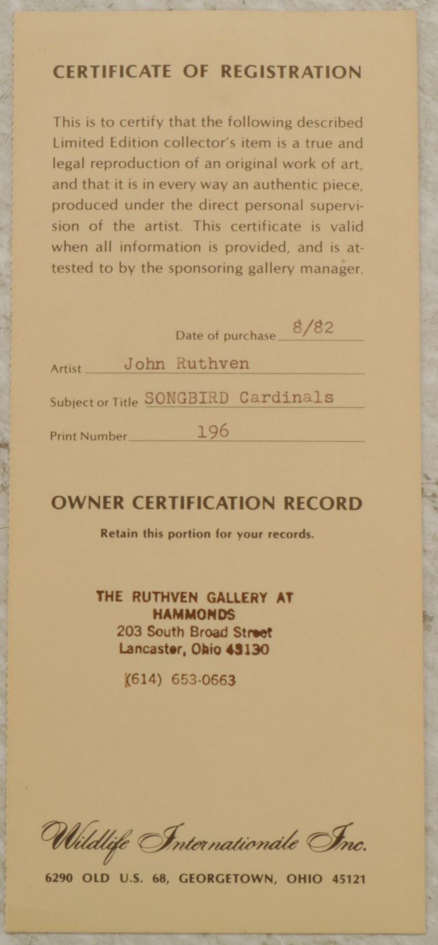 John Ruthven Songbird Series: "Cardinals" Offset Lithograph, 1970