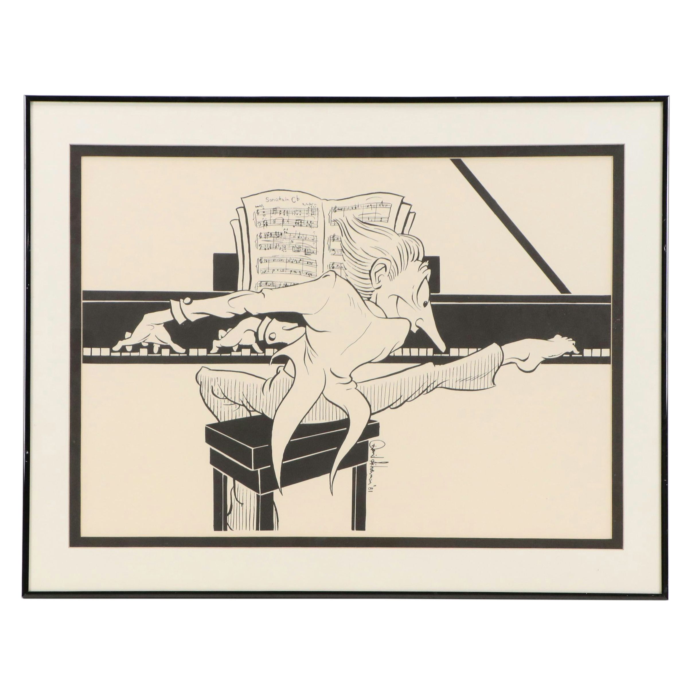 Lithograph After David Silverman of Cartoon Pianist, Late 20th Century