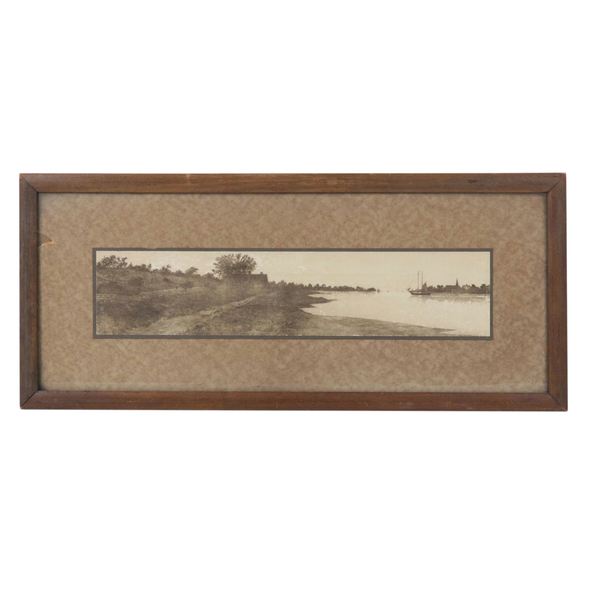 Panoramic Etching of Harbor Town With Sailing Schooner