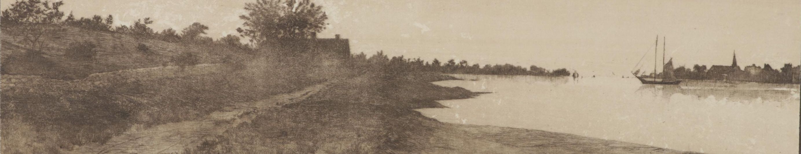 Panoramic Etching of Harbor Town With Sailing Schooner