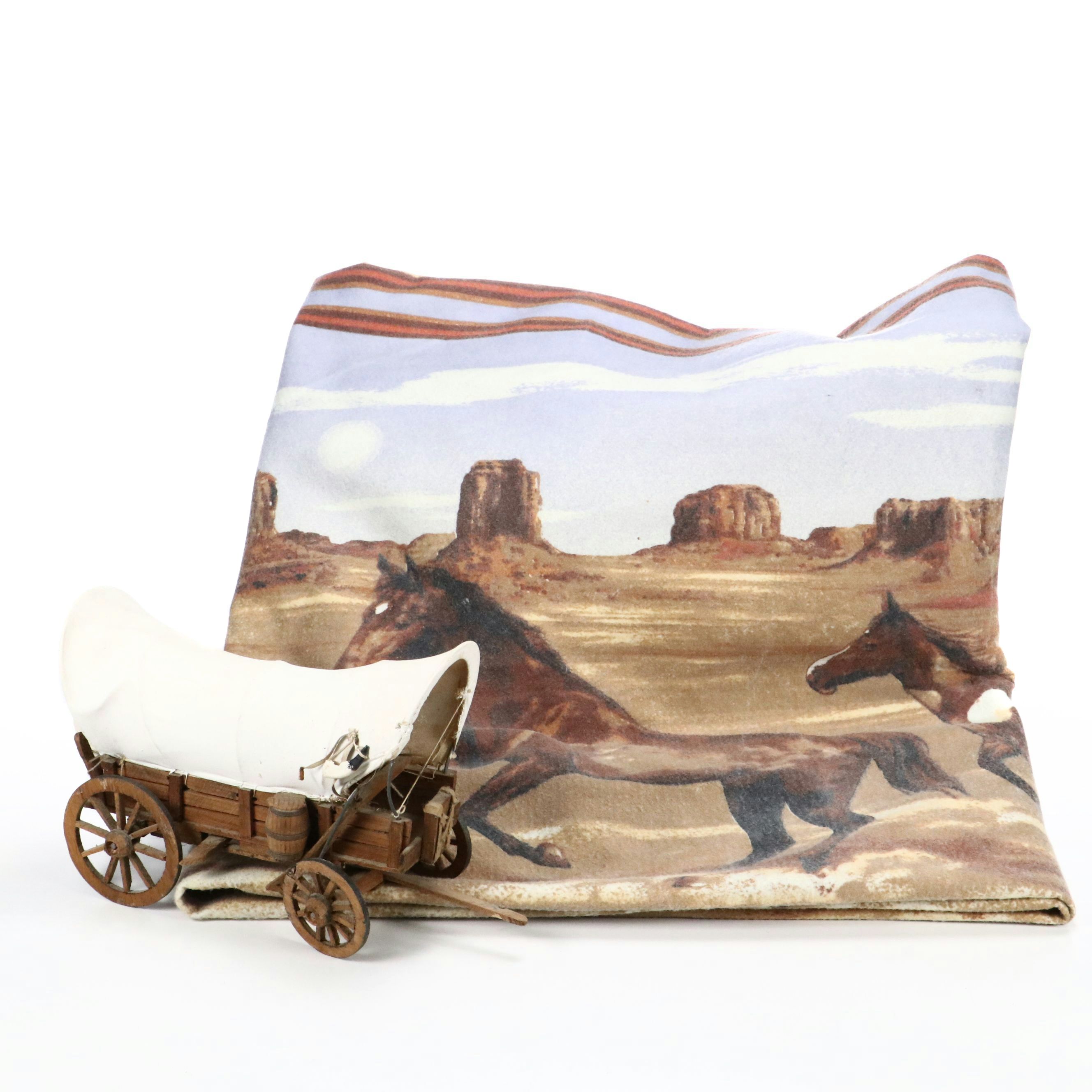 Southwest Desert and Galloping Horse Blanket with Wooden Conestoga Wagon Model