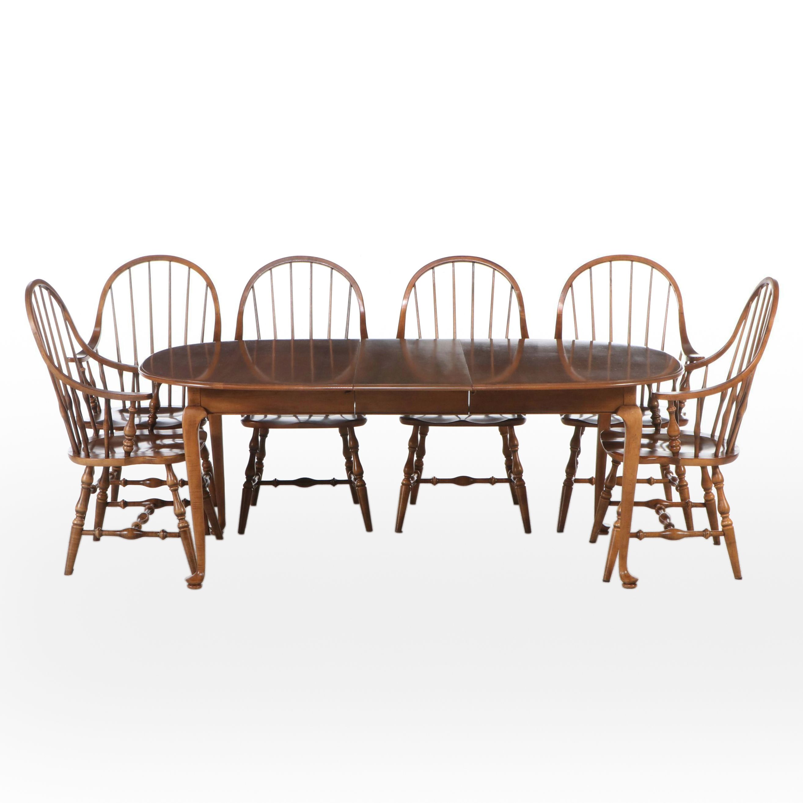 Ethan Allen Queen Anne Style Maple Dining Table with Six Windsor Style Armchairs