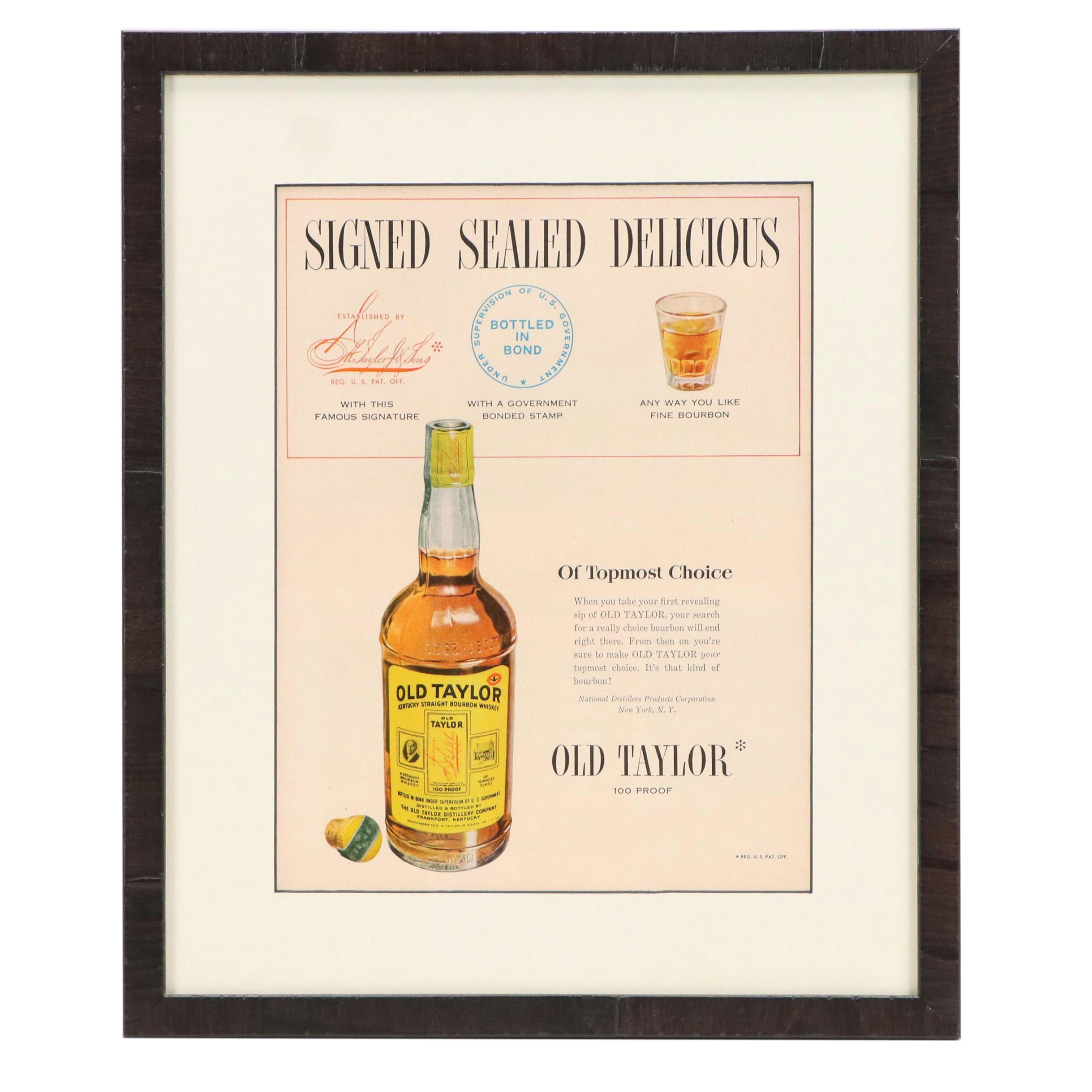 Old Taylor Whiskey Offset Lithograph Advertisement "Signed Sealed Delivered"