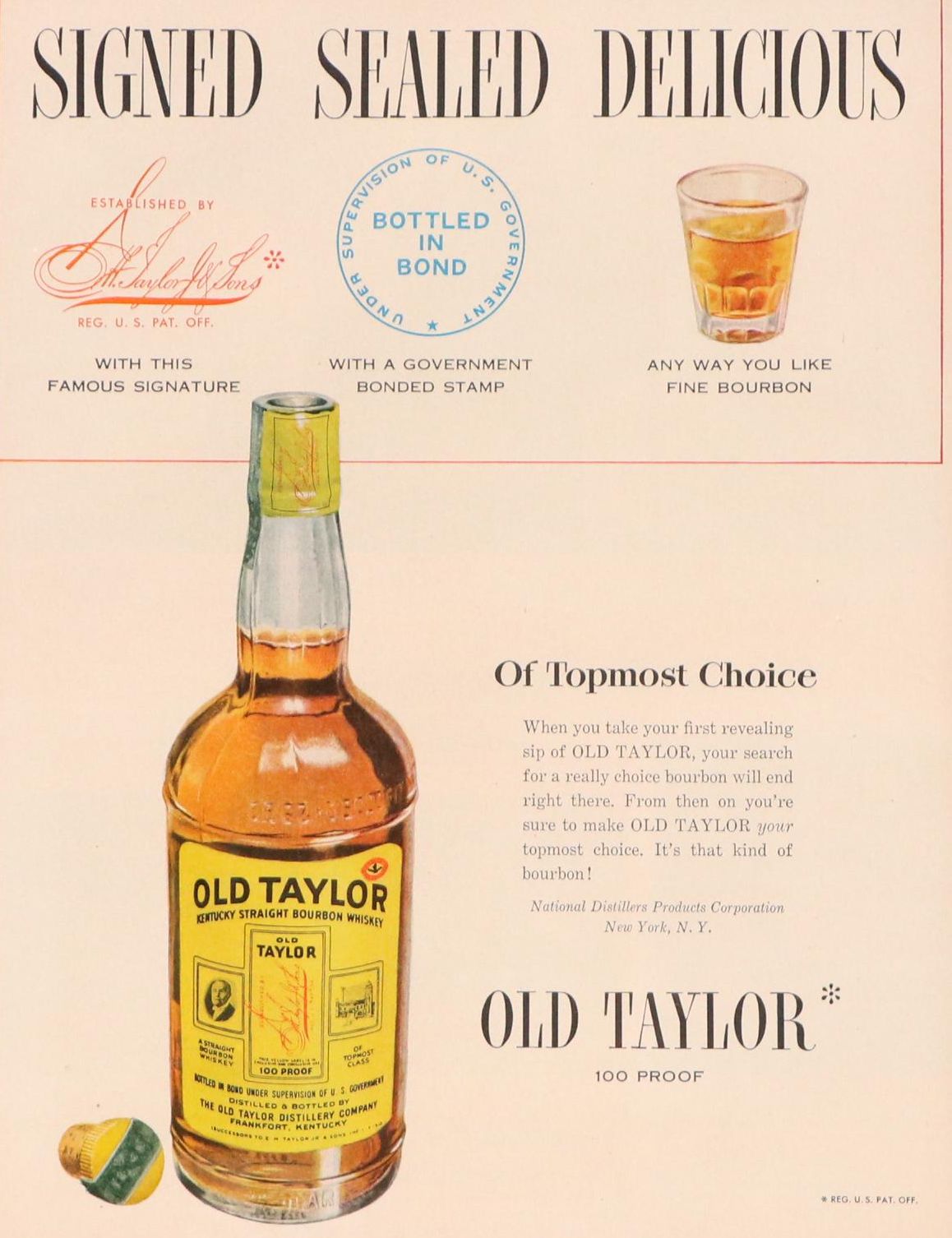 Old Taylor Whiskey Offset Lithograph Advertisement "Signed Sealed Delivered"