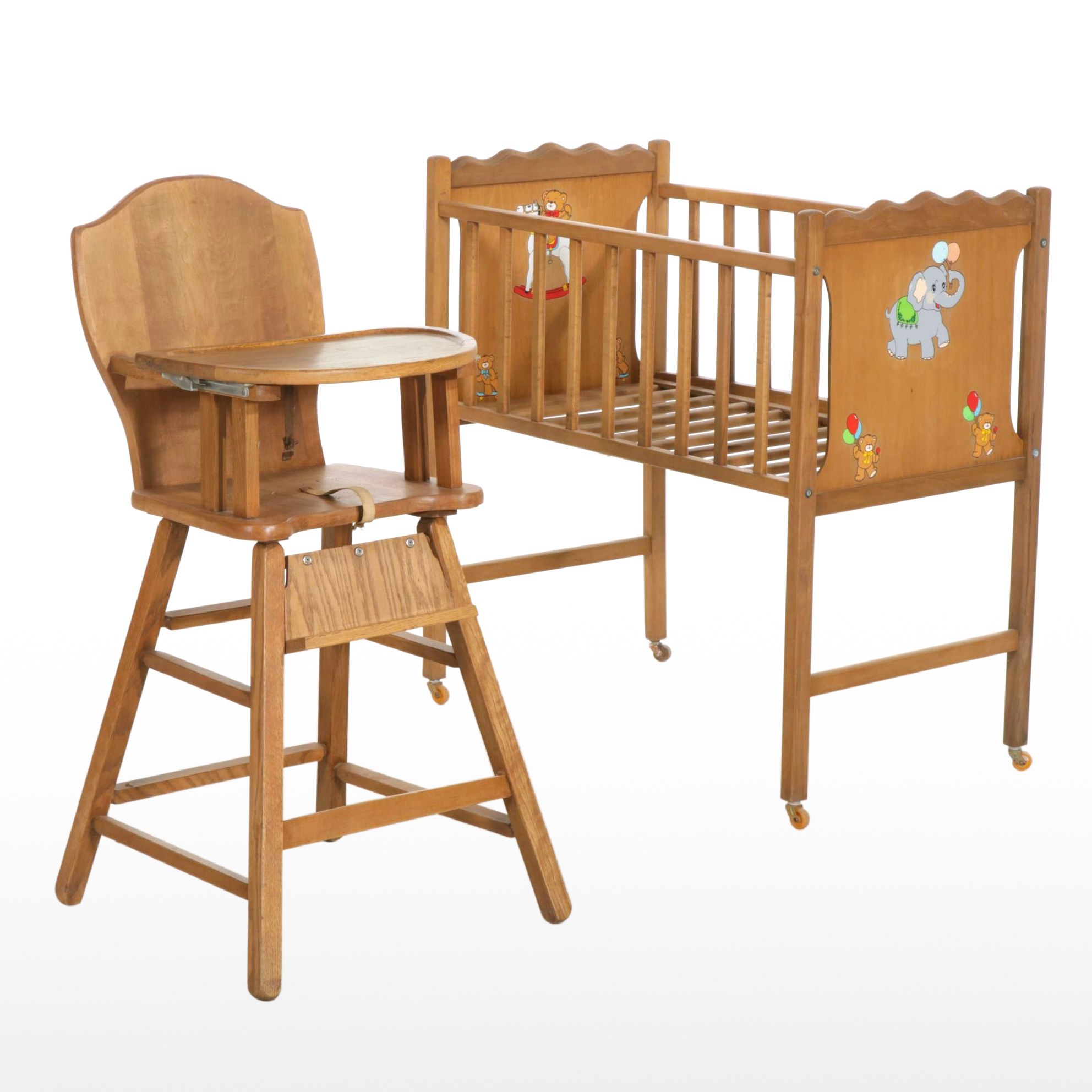 Wooden Crib and Safe-T-Bilt High Chair, Mid 20th Century