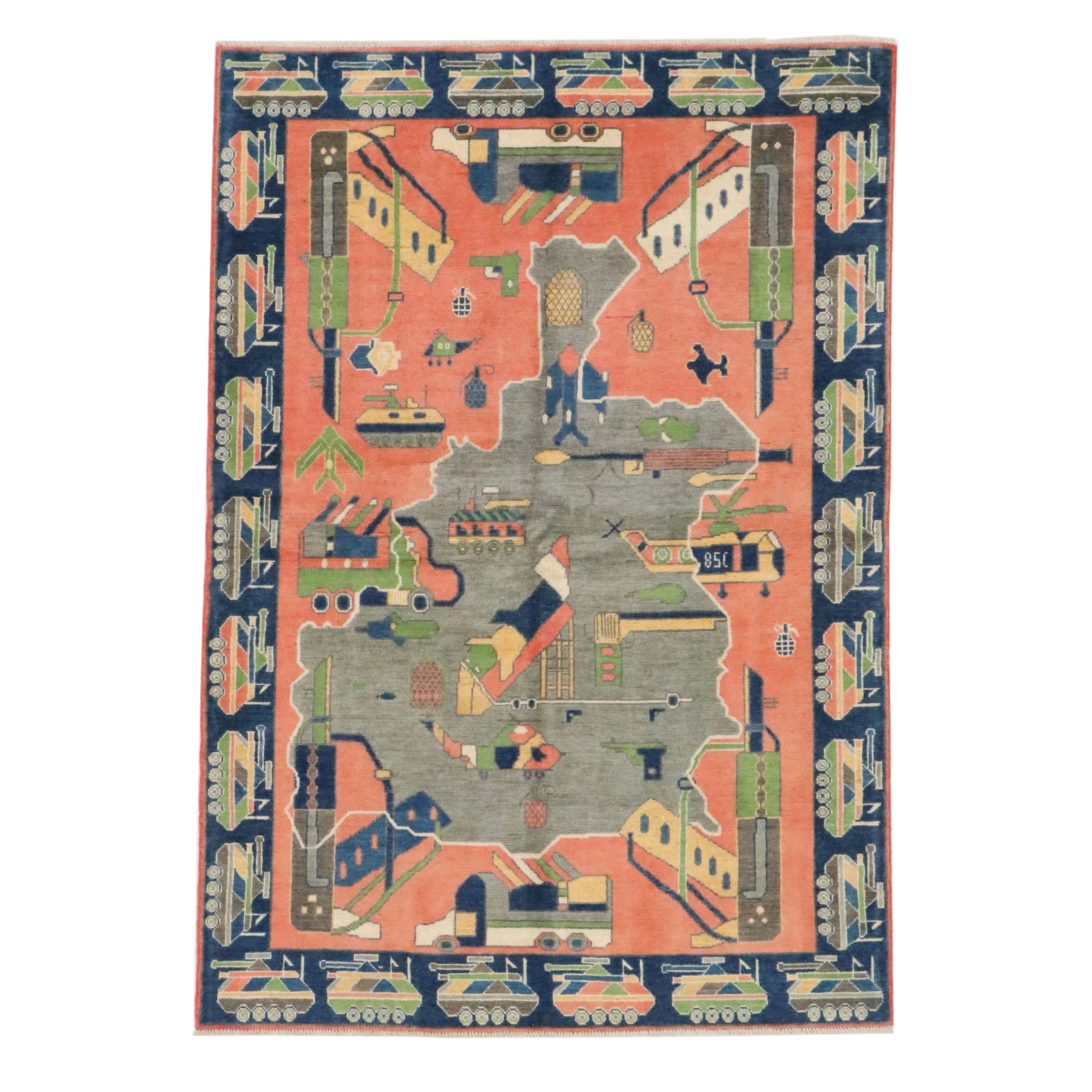 5' x 7'3 Hand-Knotted Afghan Pictorial War Area Rug