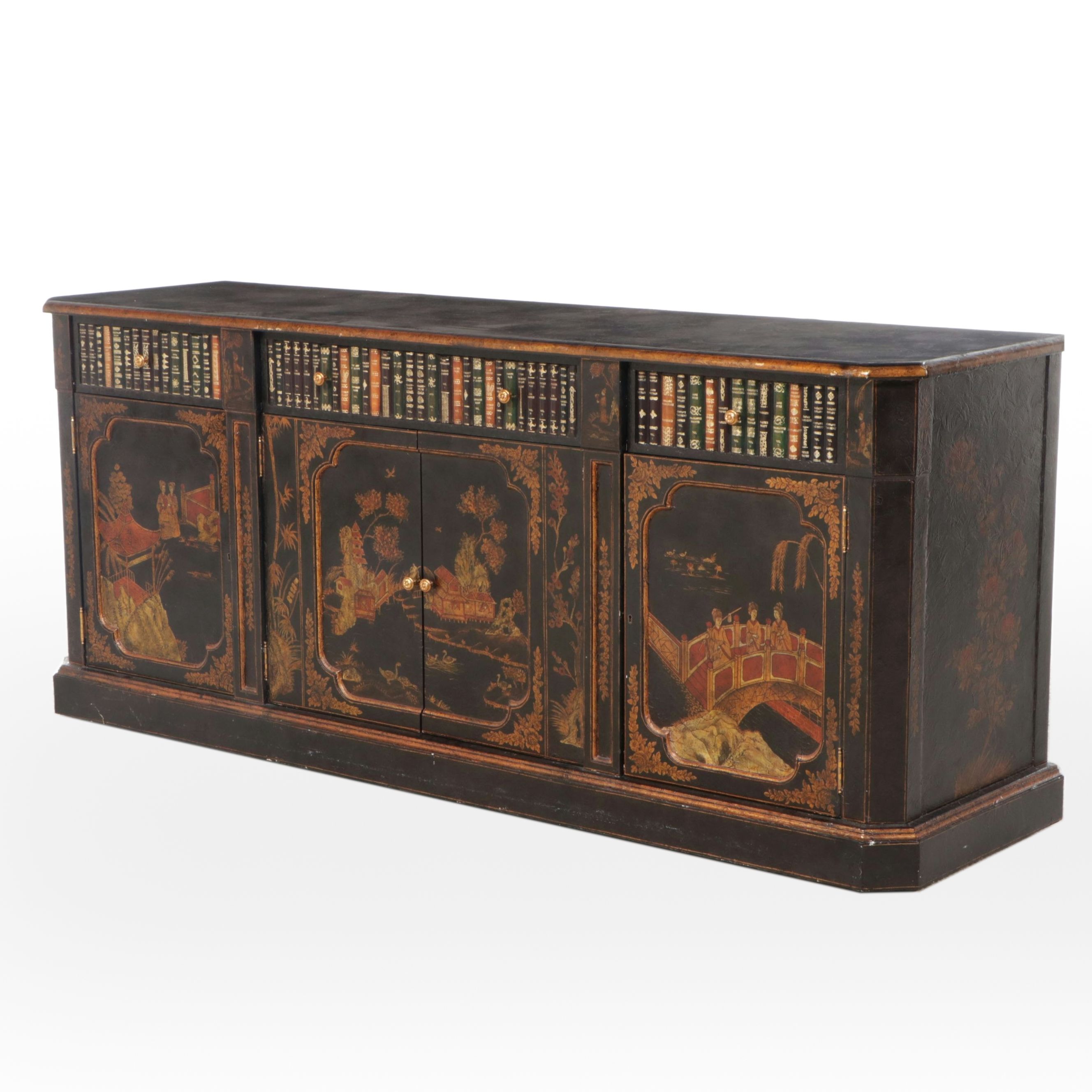 Maitland-Smith Chinoiserie Paint Decorated Black Lacquered China Cabinet