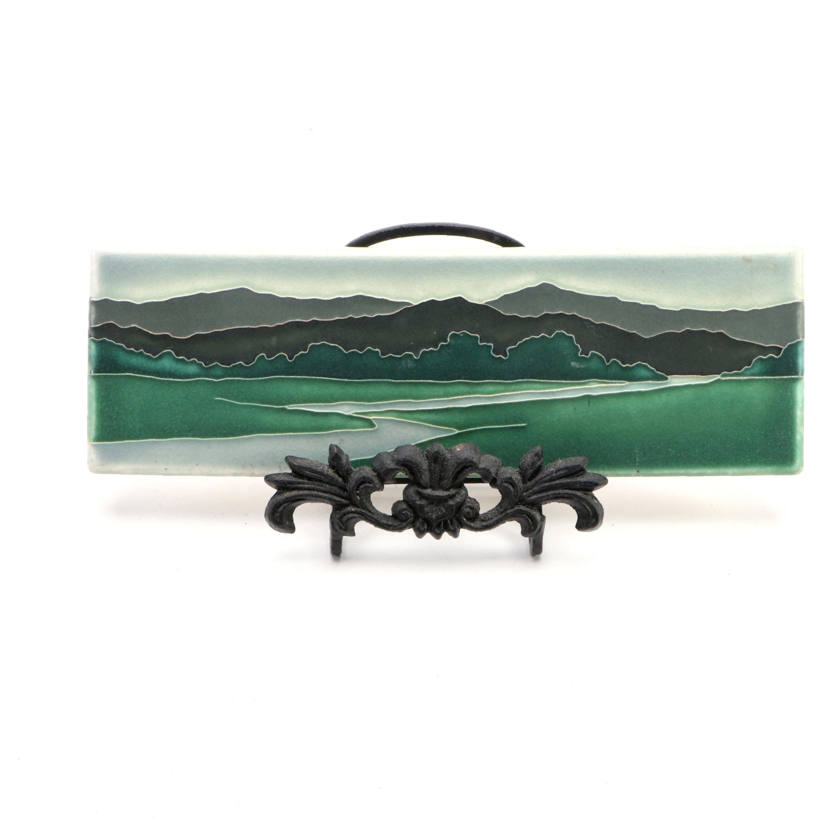 Motawi Tileworks "Riverscape" Ceramic Tile with Metal Stand