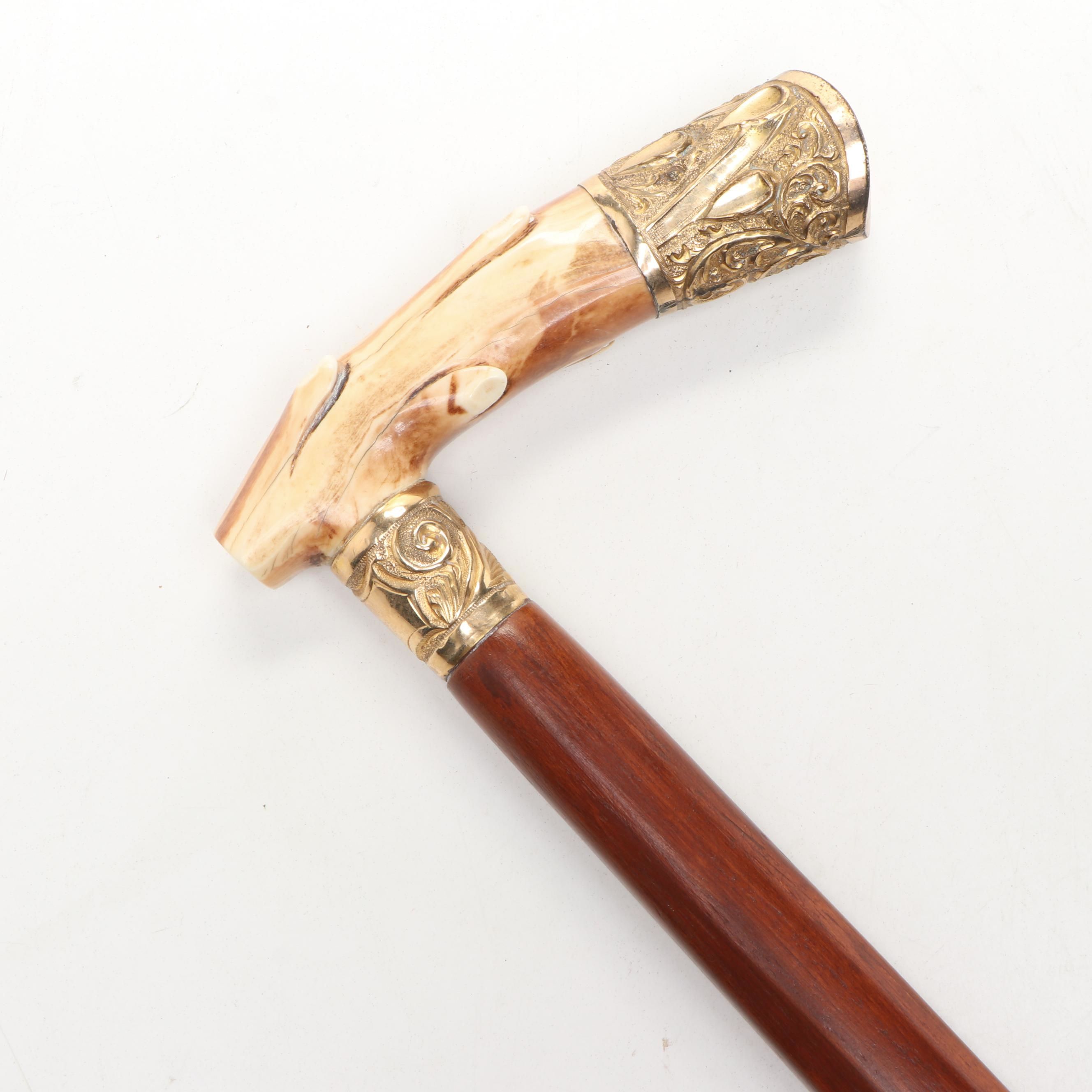 Polished Bone and Metal Derby Handled Wood Cane