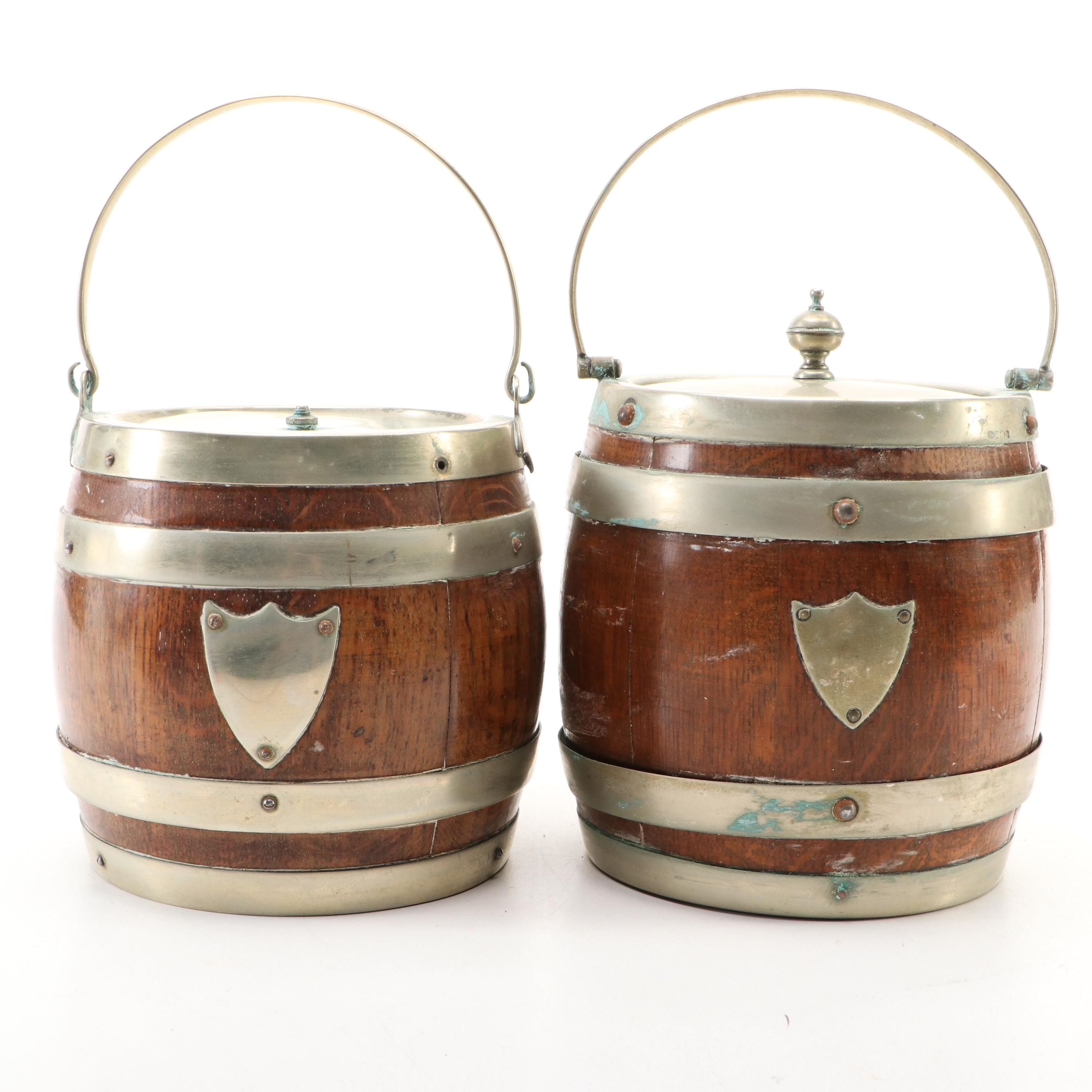 English Silver Plate Banded Oak Biscuit Barrels, Late 19th/ Early 20th Century