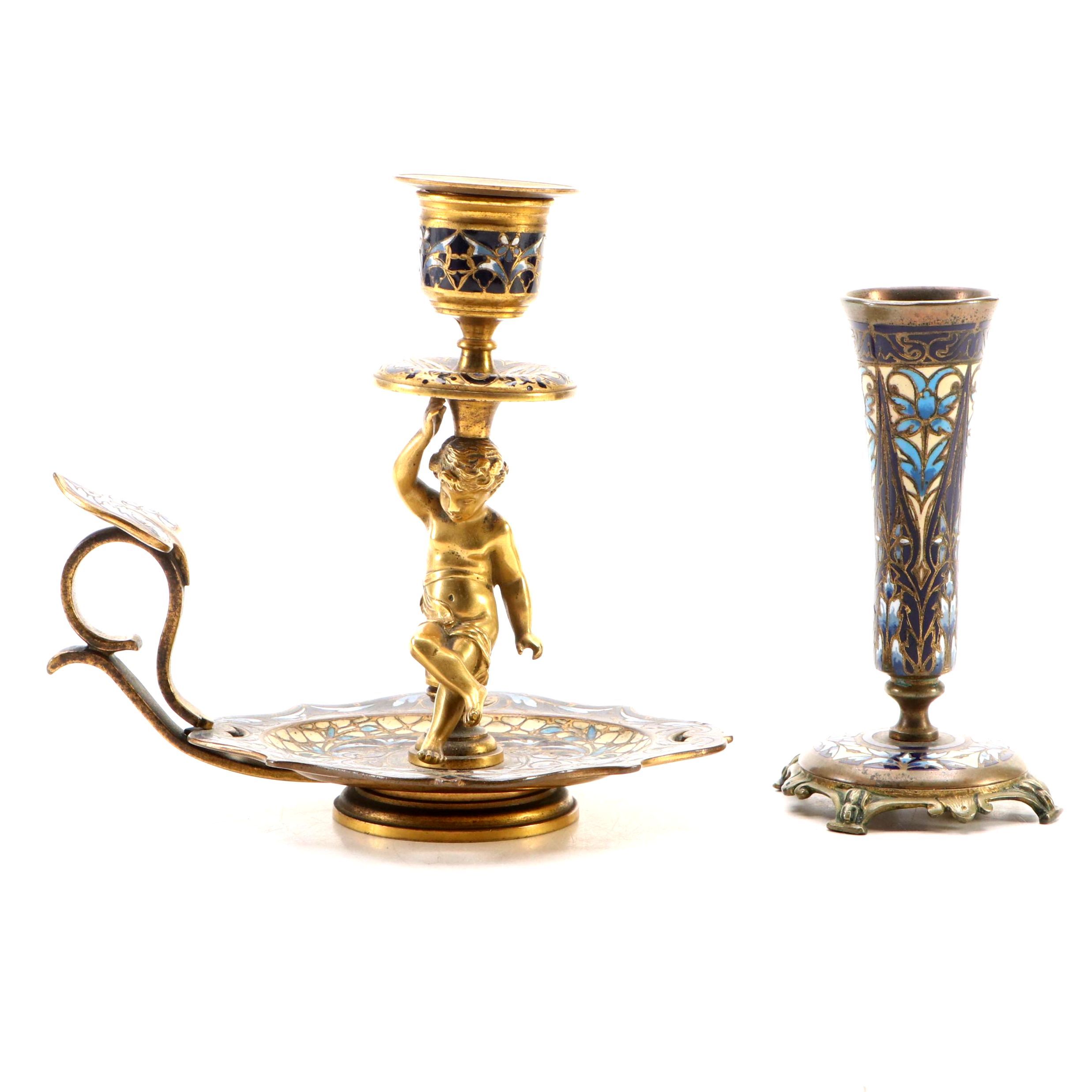 Napoleon III Style Cloisonné Figural Chamberstick and Art Nouveau Style Vase